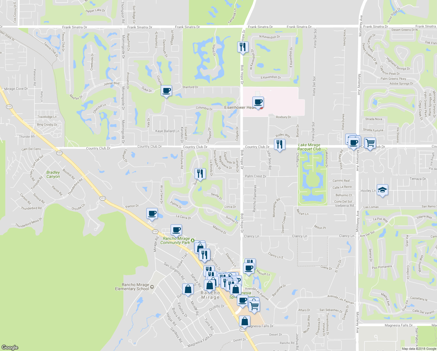 map of restaurants, bars, coffee shops, grocery stores, and more near 42-44 Sierra Madre Way in Rancho Mirage