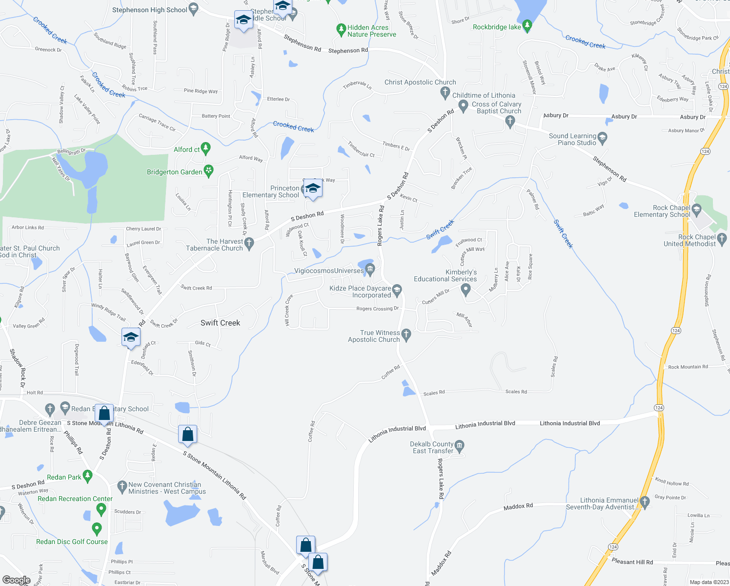 map of restaurants, bars, coffee shops, grocery stores, and more near 1740 Spring Hill Cove in Lithonia
