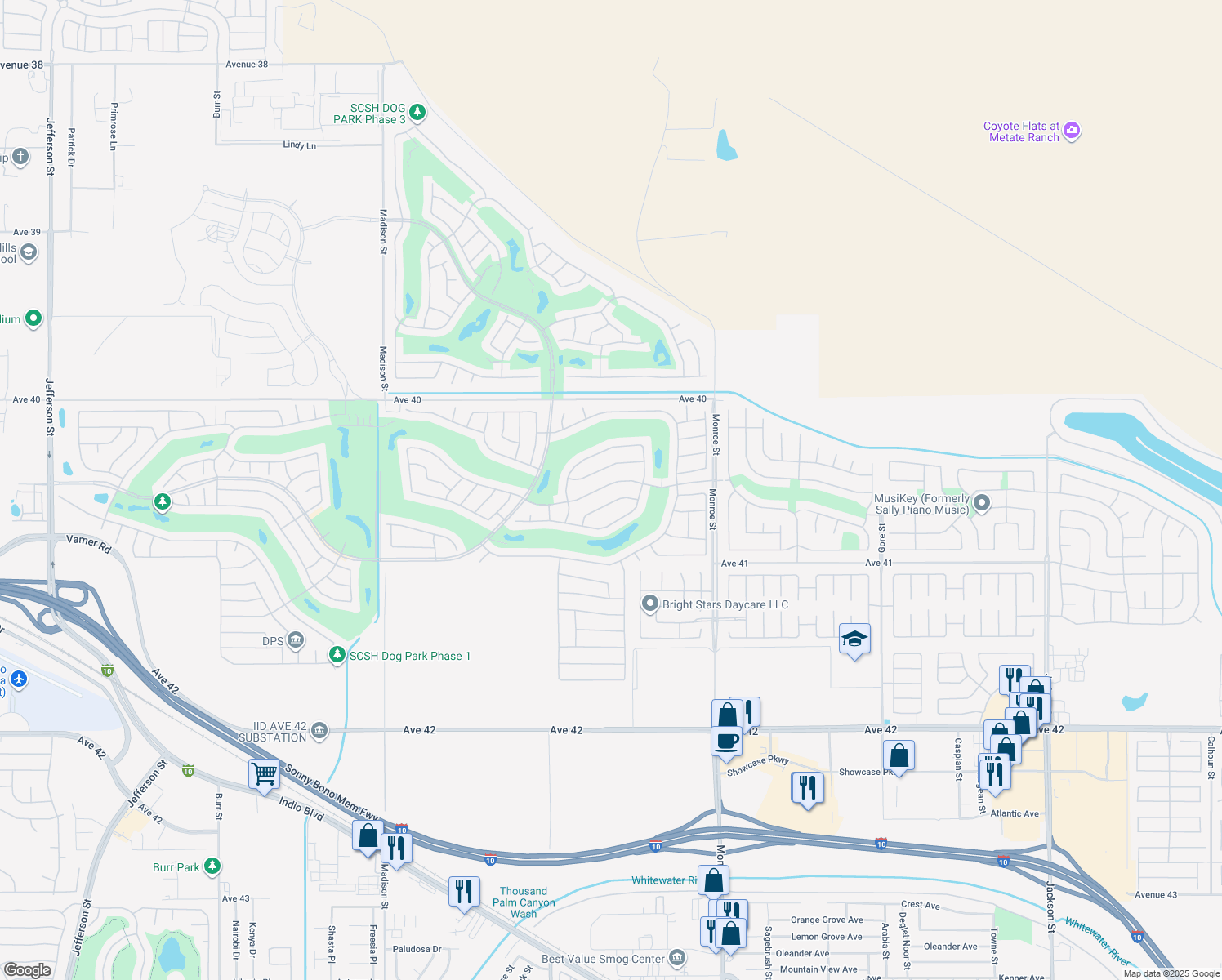 map of restaurants, bars, coffee shops, grocery stores, and more near 81693 Avenida Sombra in Indio