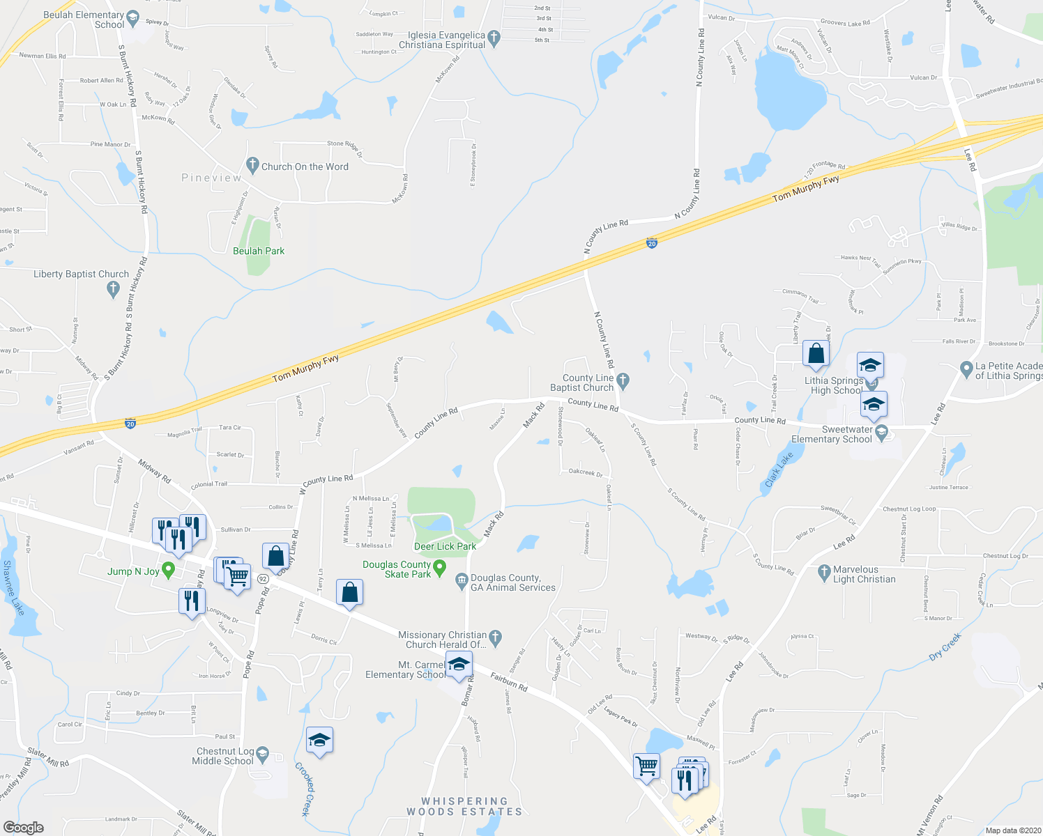 map of restaurants, bars, coffee shops, grocery stores, and more near 1895 Mack Road in Douglasville