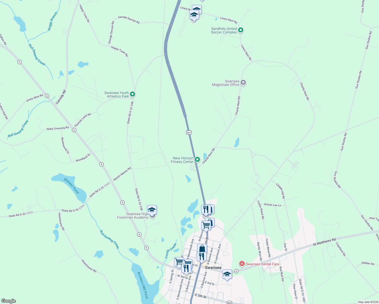 map of restaurants, bars, coffee shops, grocery stores, and more near 1740 Southbound Road in Swansea