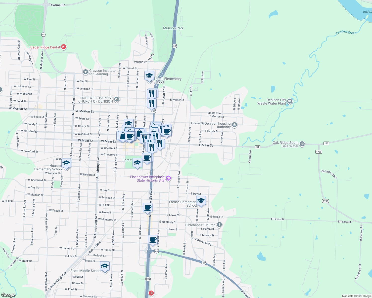 map of restaurants, bars, coffee shops, grocery stores, and more near 323 E Chestnut St in Denison