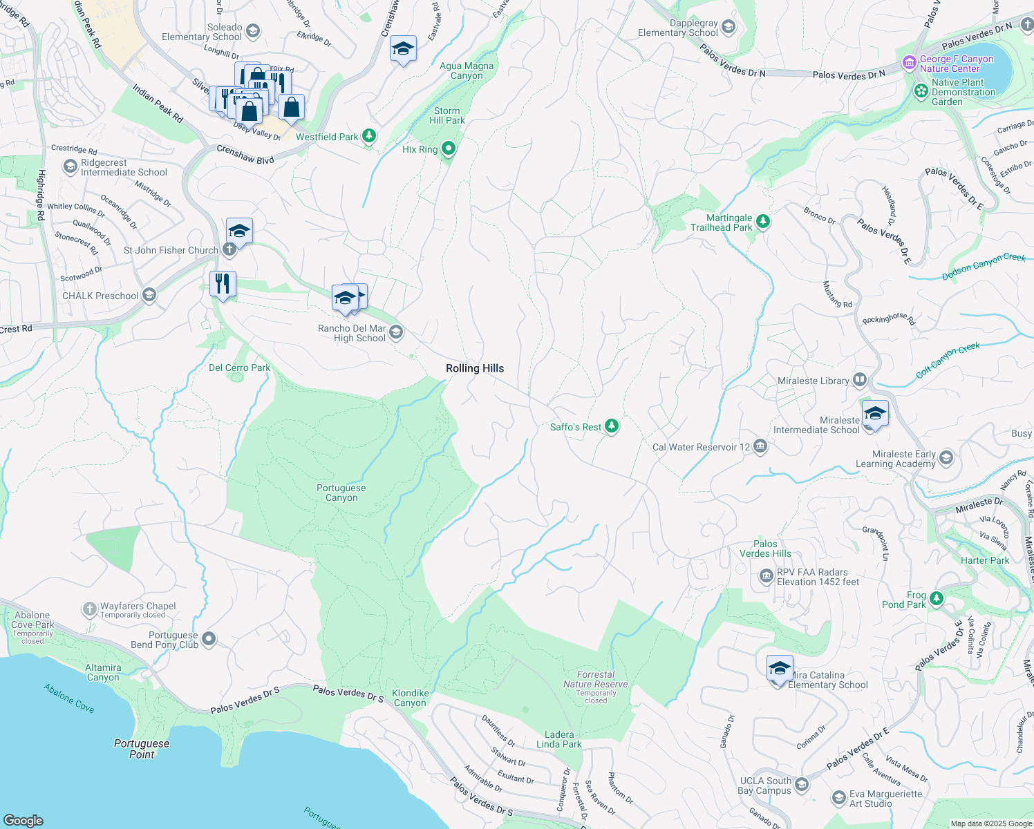 map of restaurants, bars, coffee shops, grocery stores, and more near 2 Cinchring Road in Rolling Hills