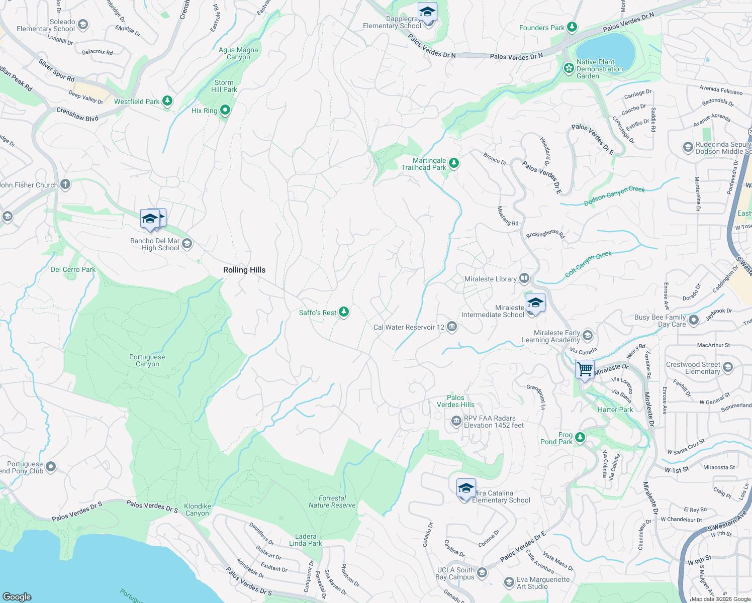map of restaurants, bars, coffee shops, grocery stores, and more near 15 Caballeros Road in Rolling Hills