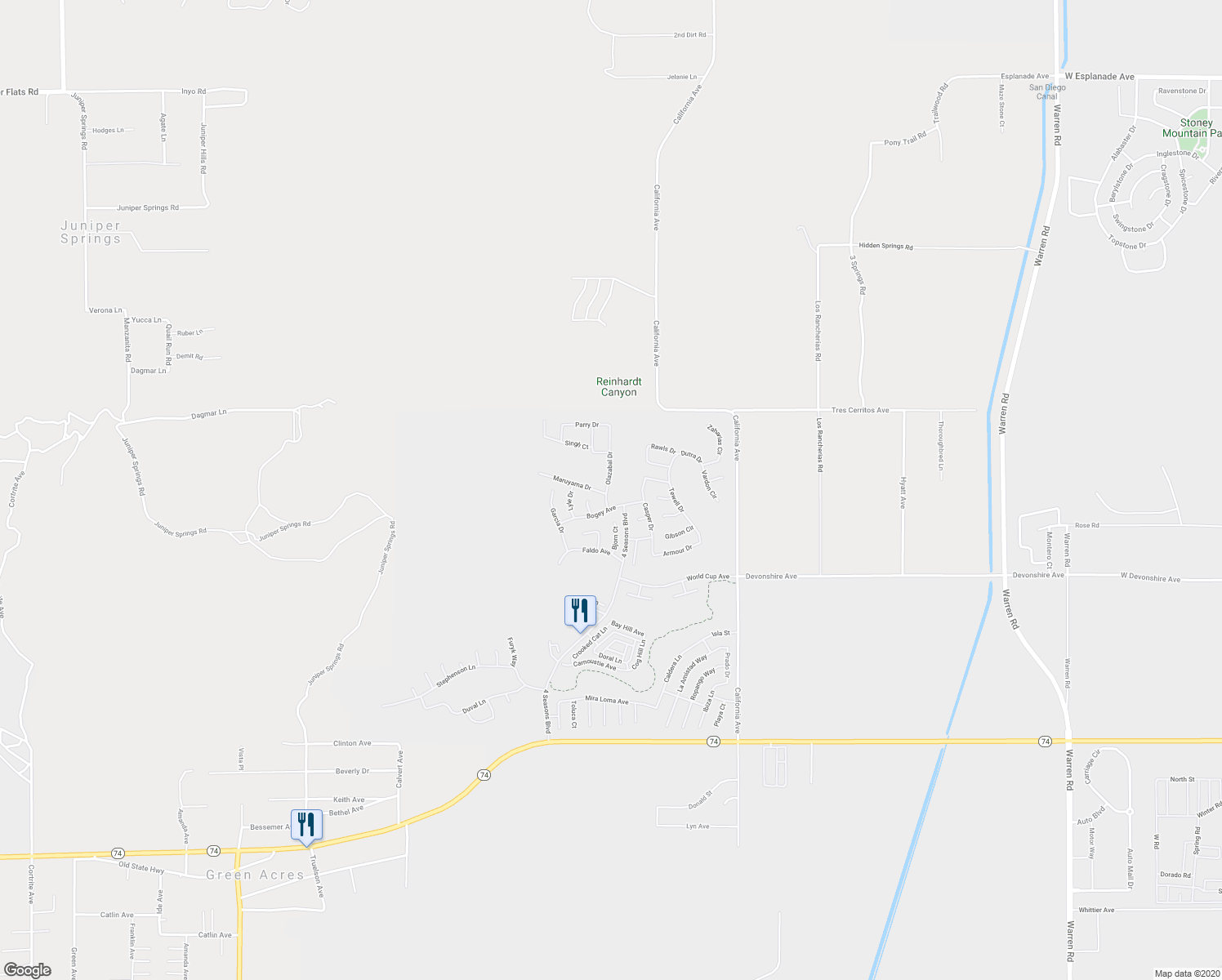 map of restaurants, bars, coffee shops, grocery stores, and more near 500 Olazabal Drive in Hemet