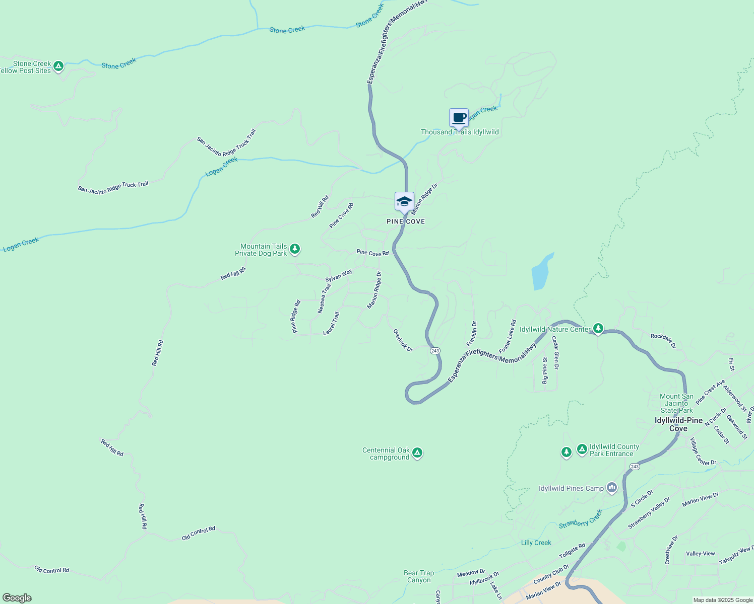 map of restaurants, bars, coffee shops, grocery stores, and more near 25300 Marion Ridge Drive in Idyllwild-Pine Cove