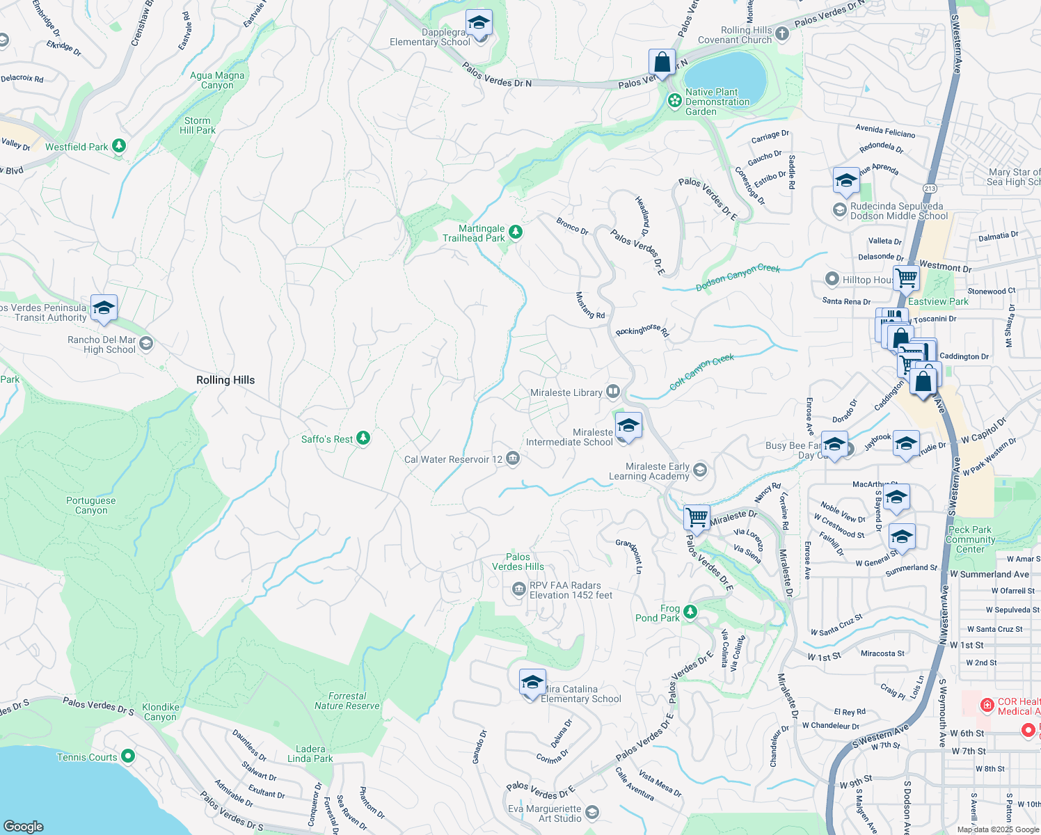 map of restaurants, bars, coffee shops, grocery stores, and more near 2 Chuckwagon Road in Rolling Hills