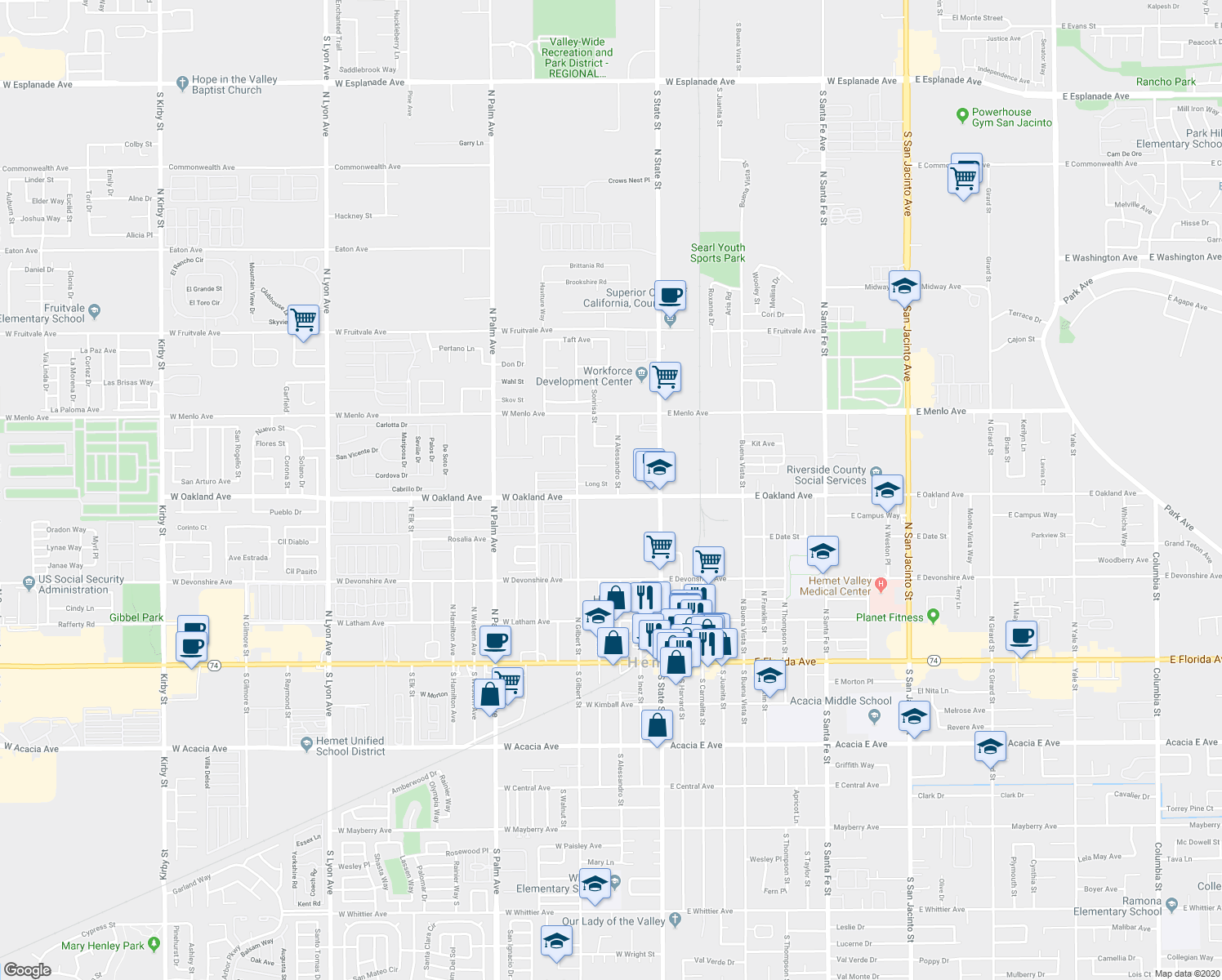 map of restaurants, bars, coffee shops, grocery stores, and more near 323 Long Street in Hemet