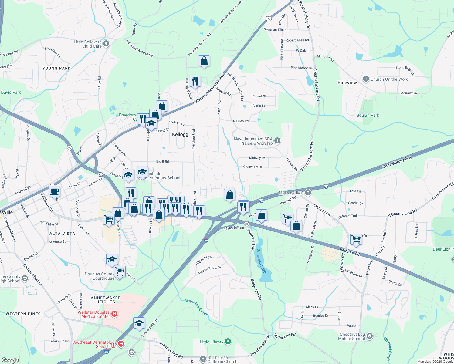map of restaurants, bars, coffee shops, grocery stores, and more near 5451 Somer Mill Road in Douglasville