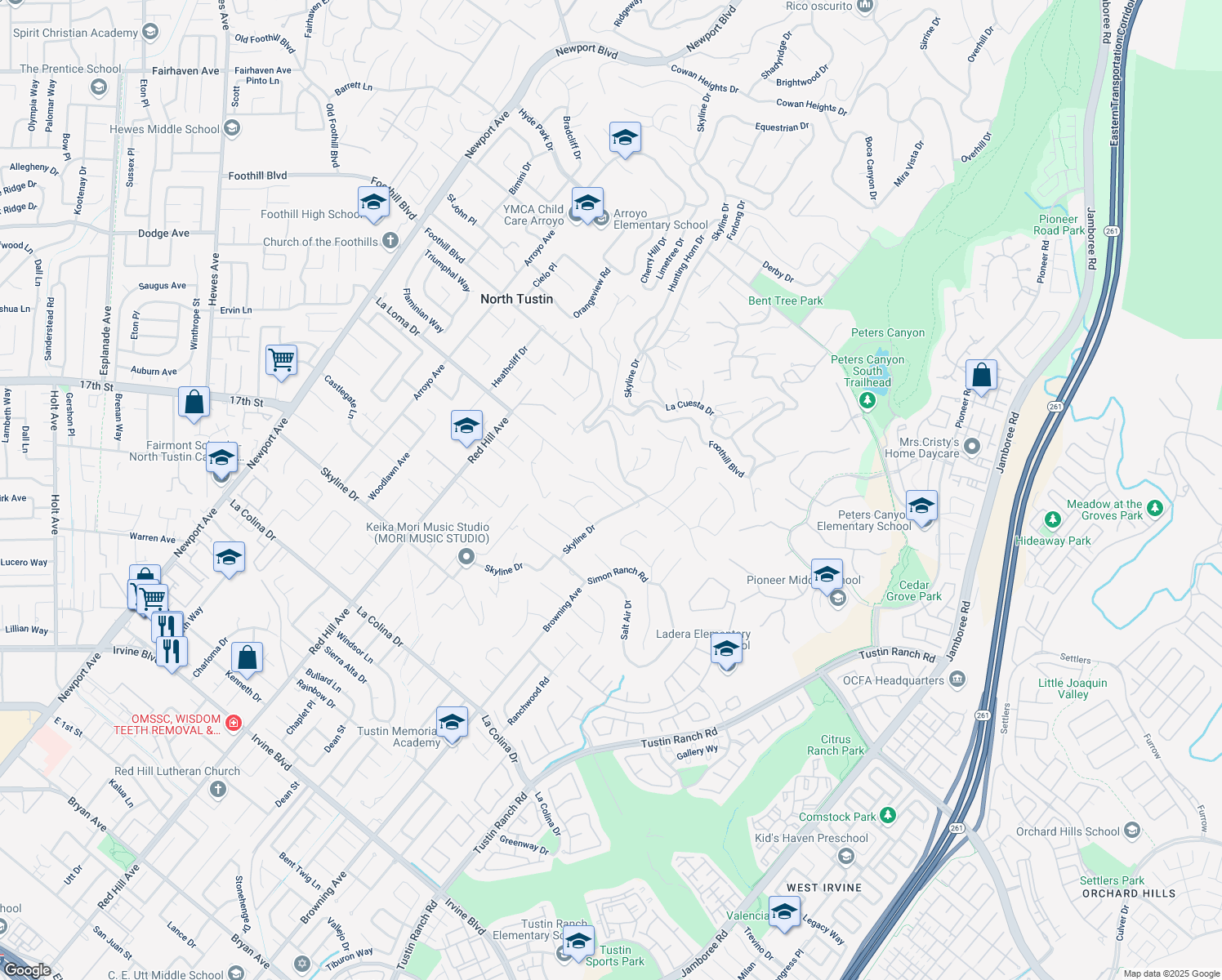 map of restaurants, bars, coffee shops, grocery stores, and more near 1912 Park Skyline Road in Santa Ana