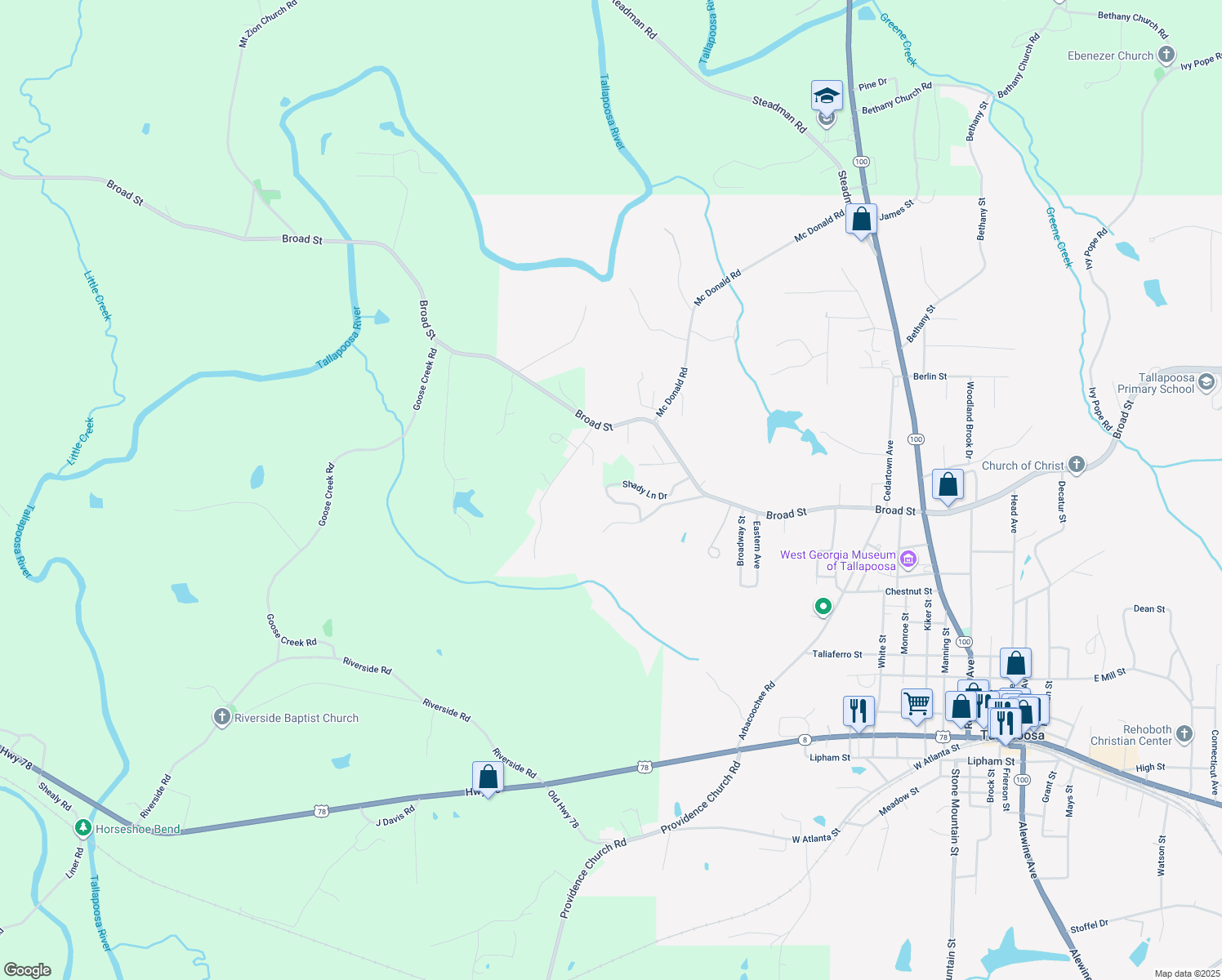 map of restaurants, bars, coffee shops, grocery stores, and more near 132 Shady Lane Drive in Tallapoosa