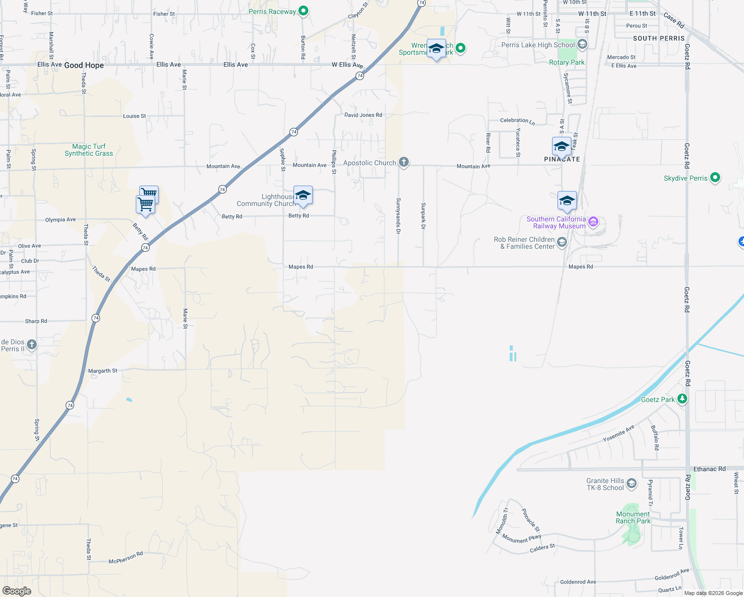 map of restaurants, bars, coffee shops, grocery stores, and more near 23485 Mapes Rd in Perris