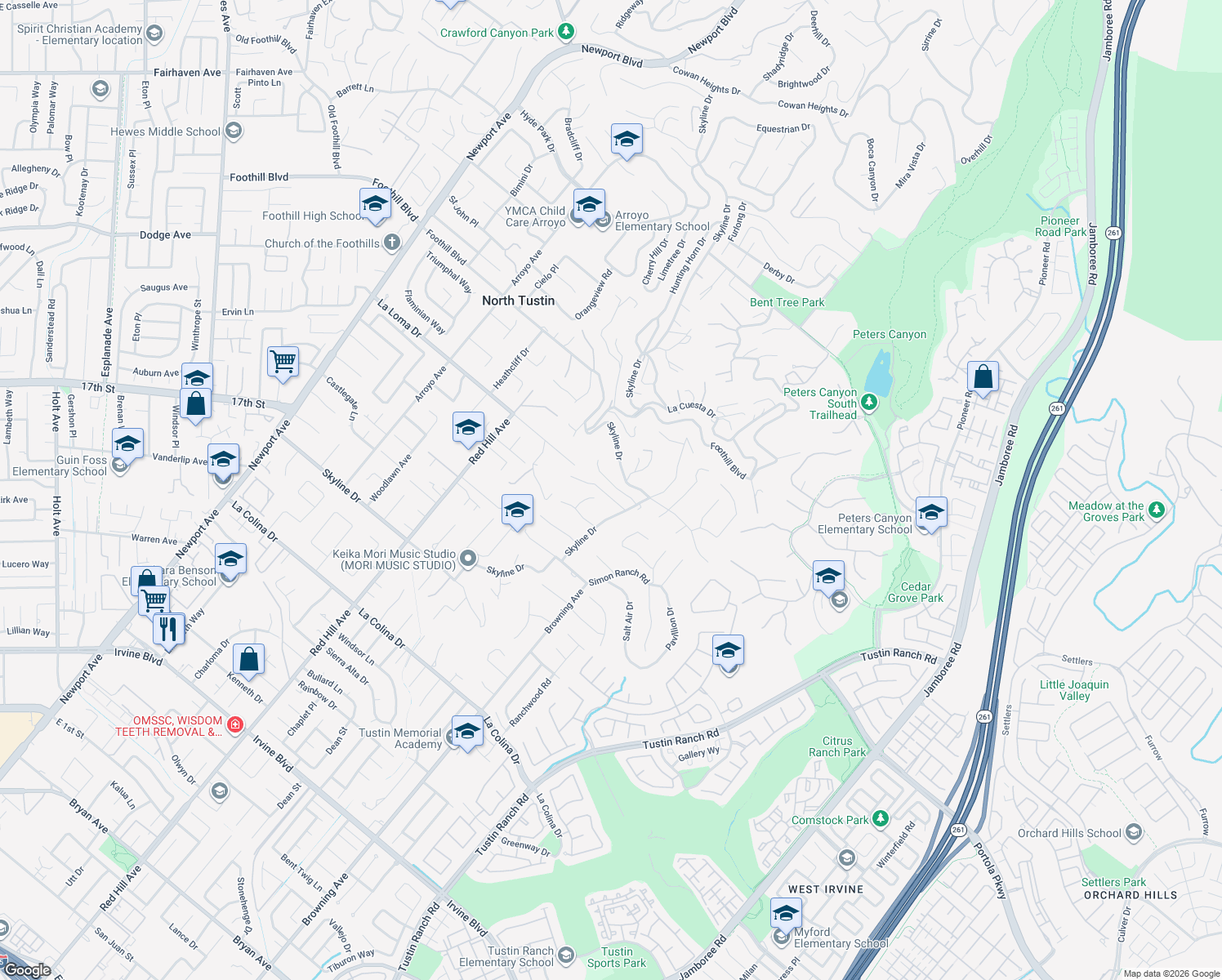 map of restaurants, bars, coffee shops, grocery stores, and more near 1912 Park Skyline Road in Santa Ana