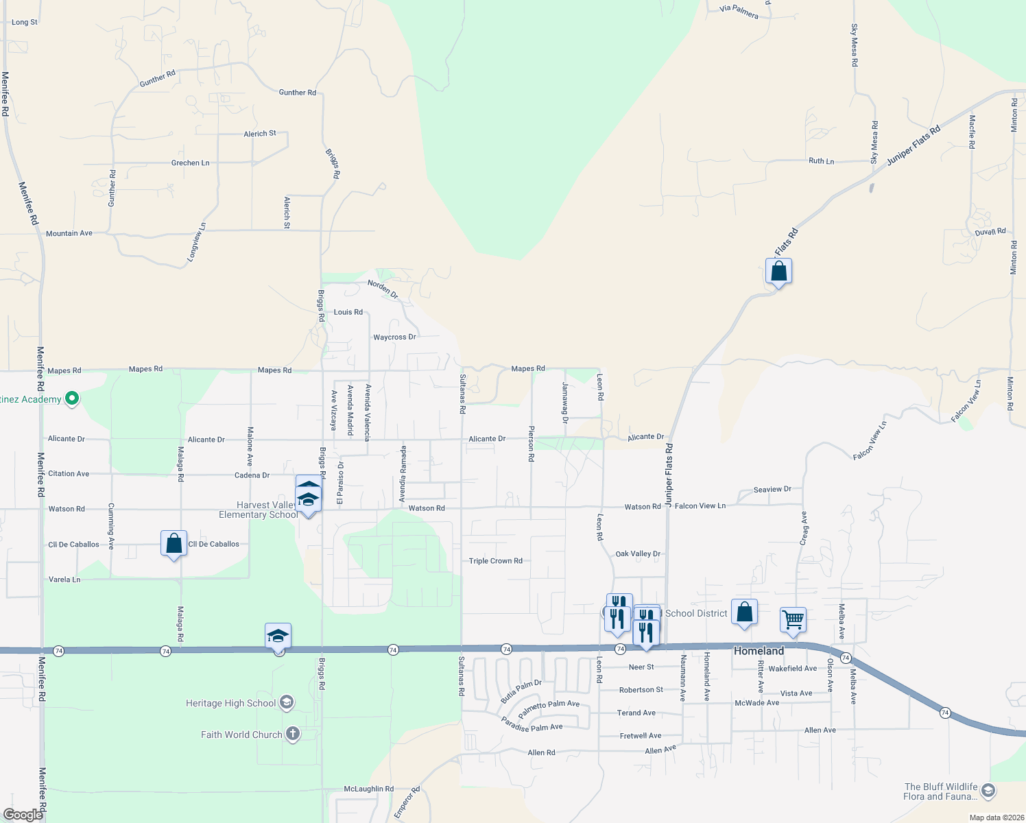 map of restaurants, bars, coffee shops, grocery stores, and more near 25185 Pierson Rd in Homeland