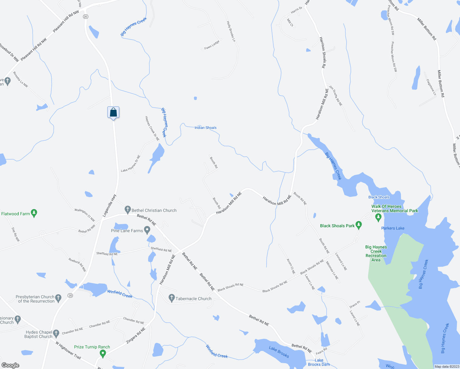 map of restaurants, bars, coffee shops, grocery stores, and more near 4144 Haralson Mill Road Northeast in Conyers