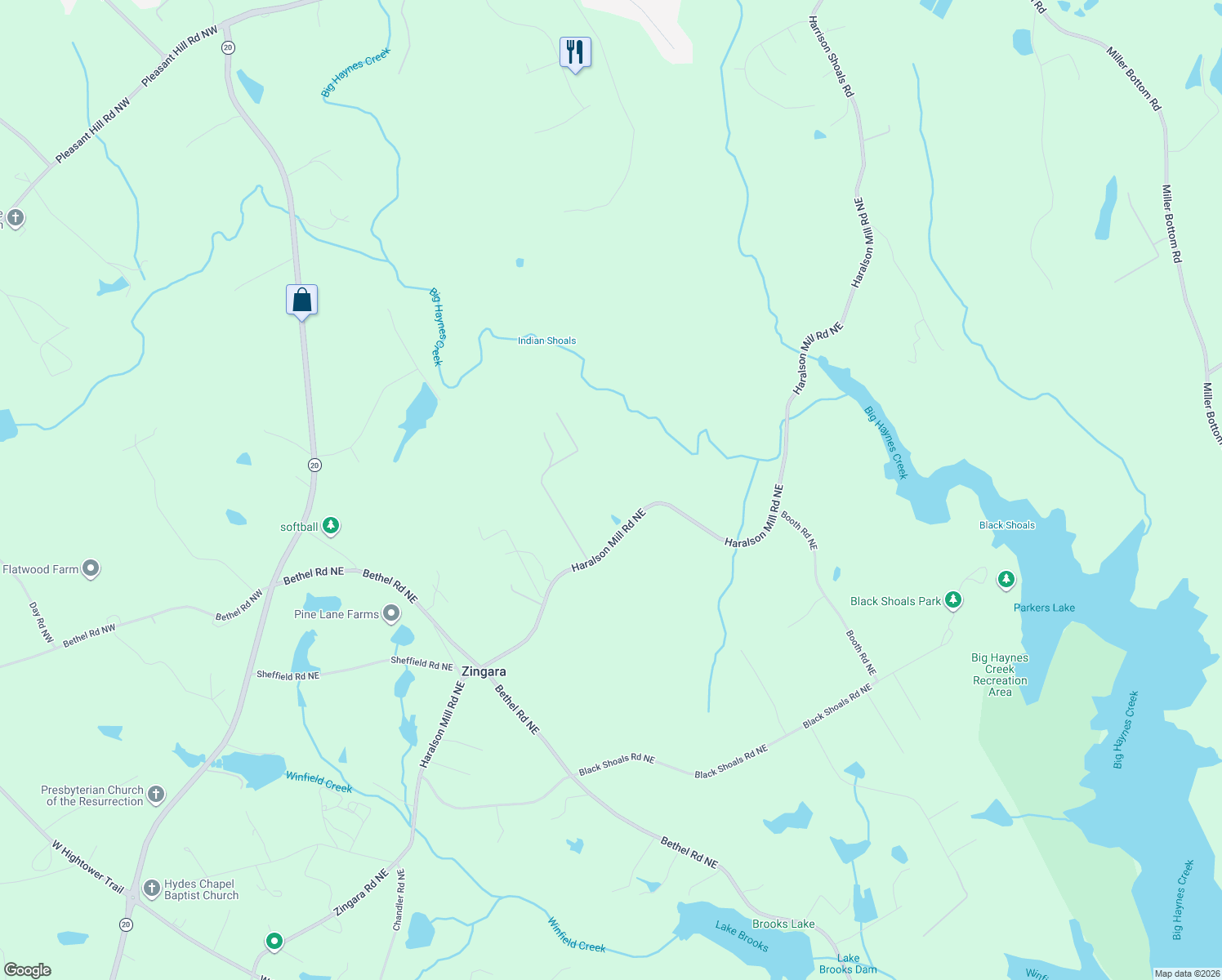 map of restaurants, bars, coffee shops, grocery stores, and more near 4144 Haralson Mill Road Northeast in Conyers