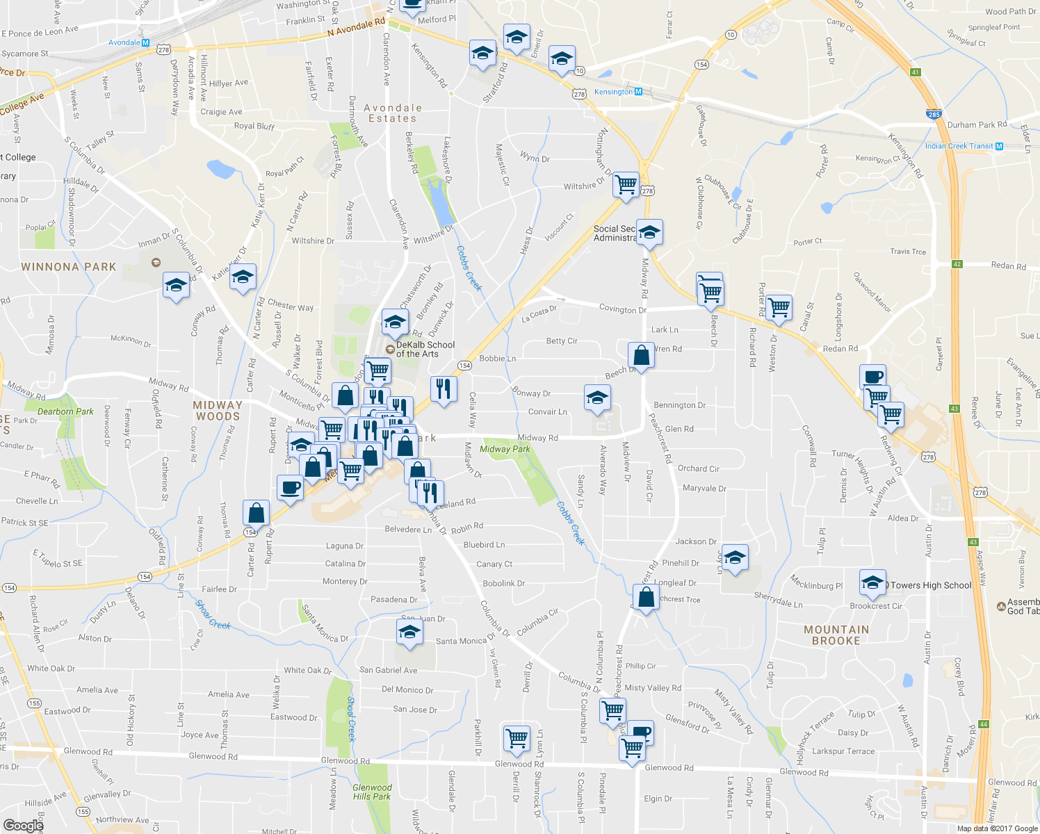 map of restaurants, bars, coffee shops, grocery stores, and more near 3189 Convair Lane in Decatur