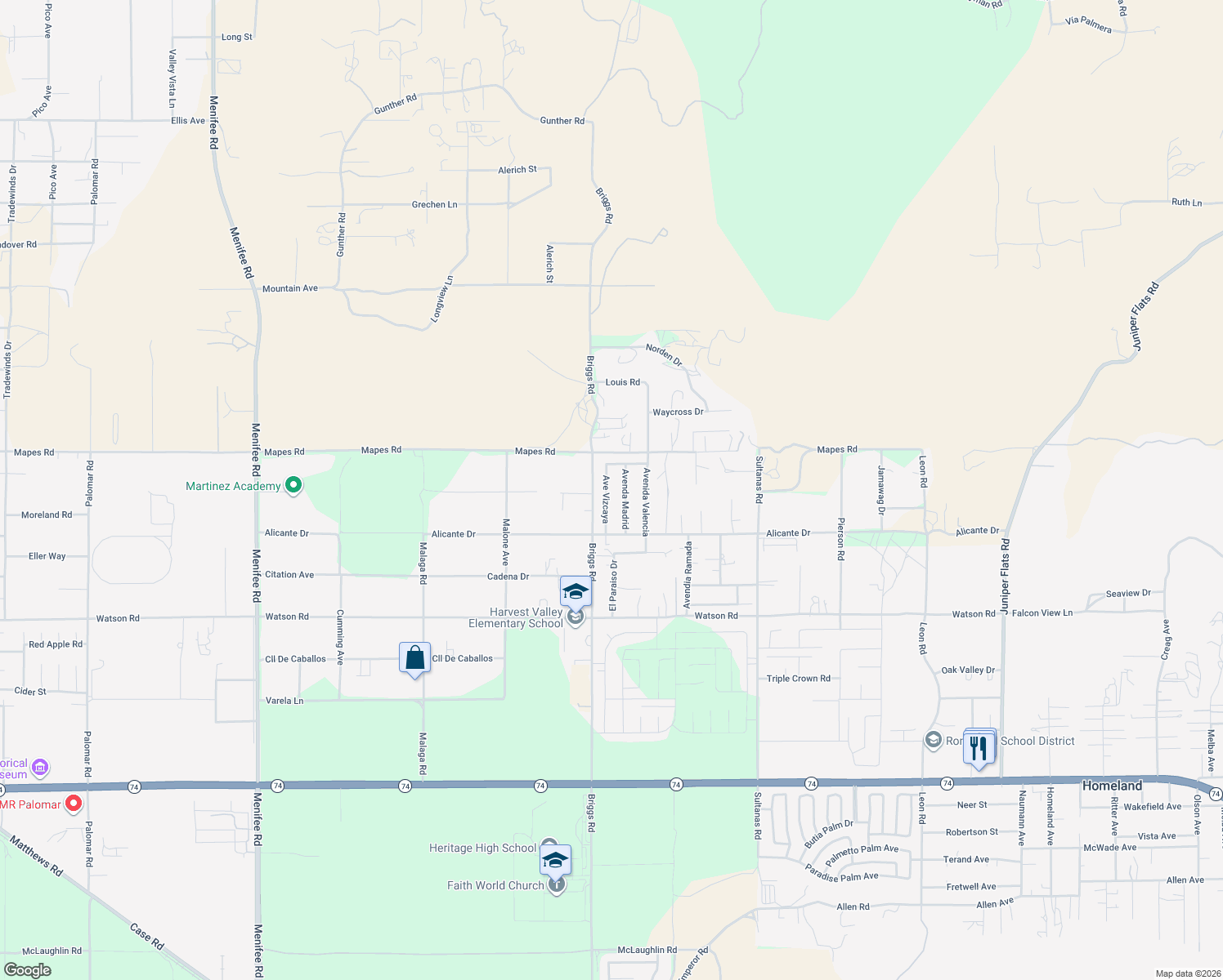 map of restaurants, bars, coffee shops, grocery stores, and more near 25116 Avenue Vizcaya in Homeland