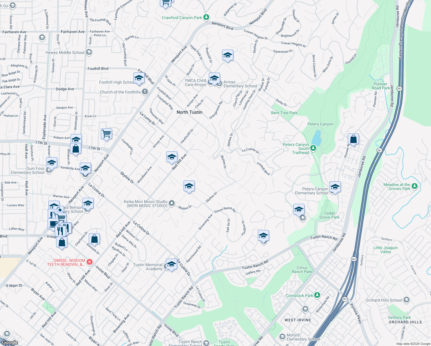 map of restaurants, bars, coffee shops, grocery stores, and more near 1882 Park Skyline Road in Santa Ana