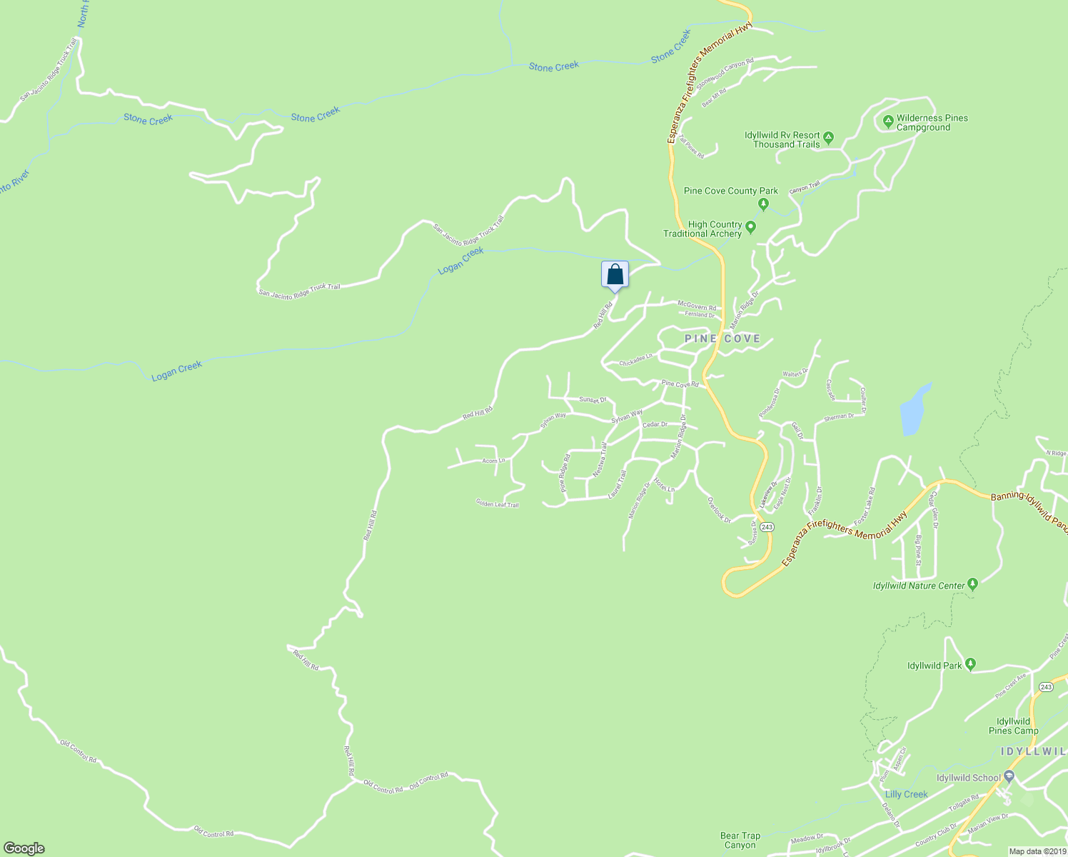 map of restaurants, bars, coffee shops, grocery stores, and more near 52300 Sylvan Way in Idyllwild-Pine Cove