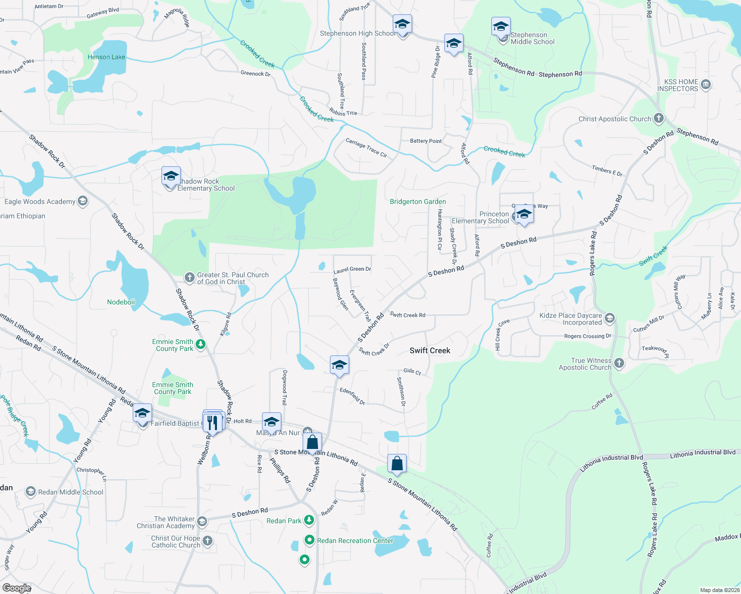map of restaurants, bars, coffee shops, grocery stores, and more near 6387 Seths Way in Lithonia