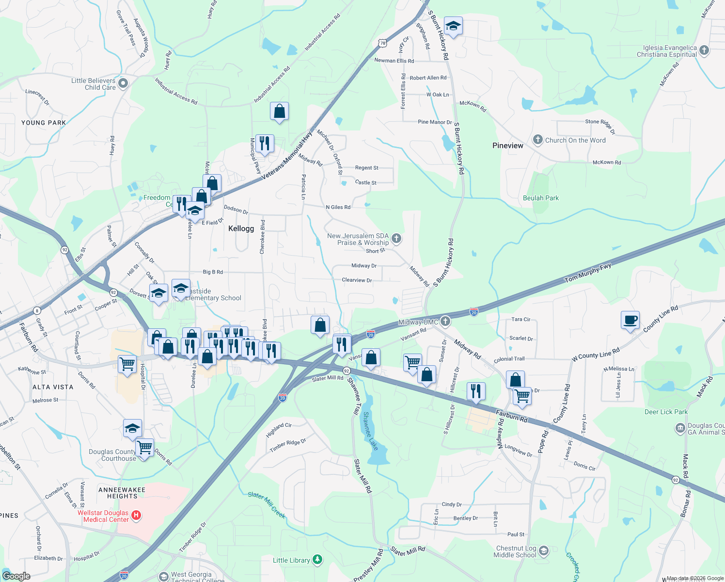 map of restaurants, bars, coffee shops, grocery stores, and more near 5516 Somer Mill Rd in Douglasville
