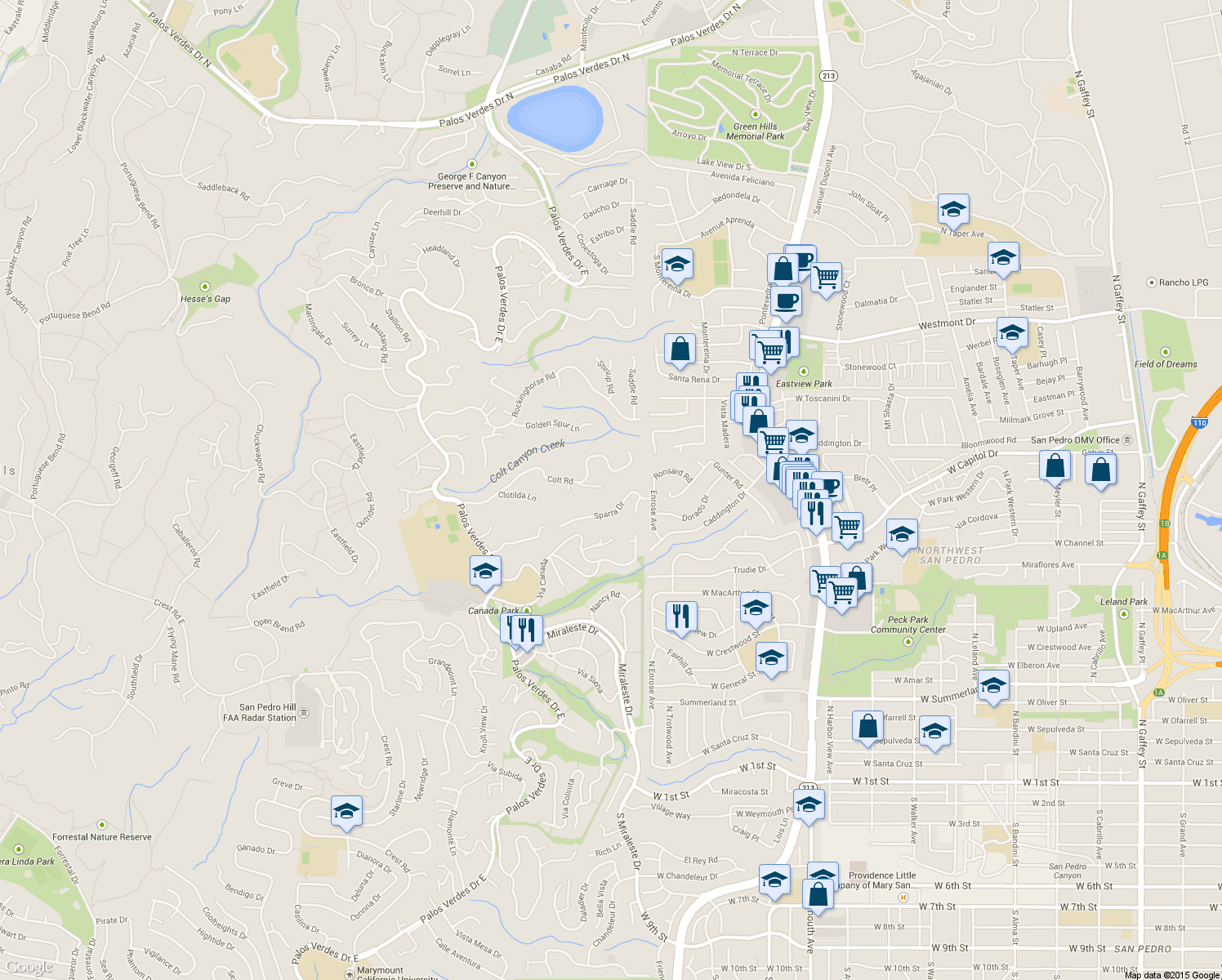 map of restaurants, bars, coffee shops, grocery stores, and more near 2560 Colt Rd in Rancho Palos Verdes