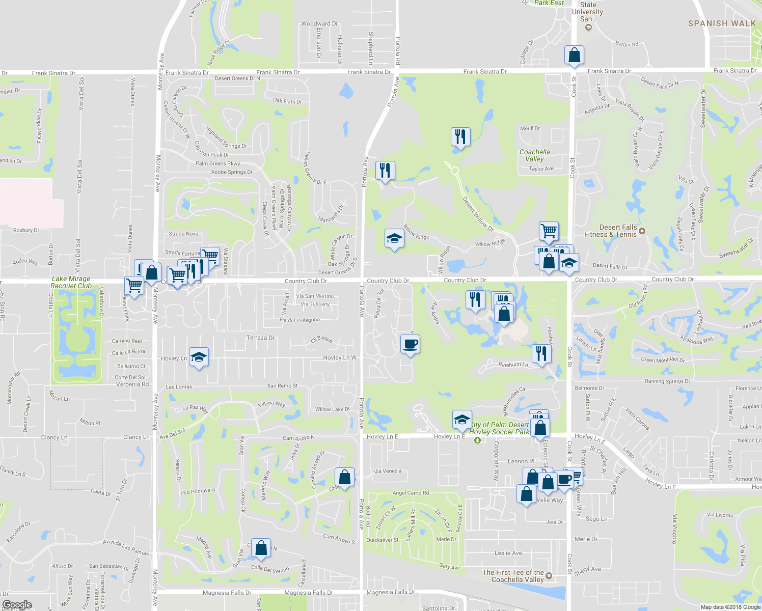 map of restaurants, bars, coffee shops, grocery stores, and more near 21 Las Cruces Lane in Palm Desert