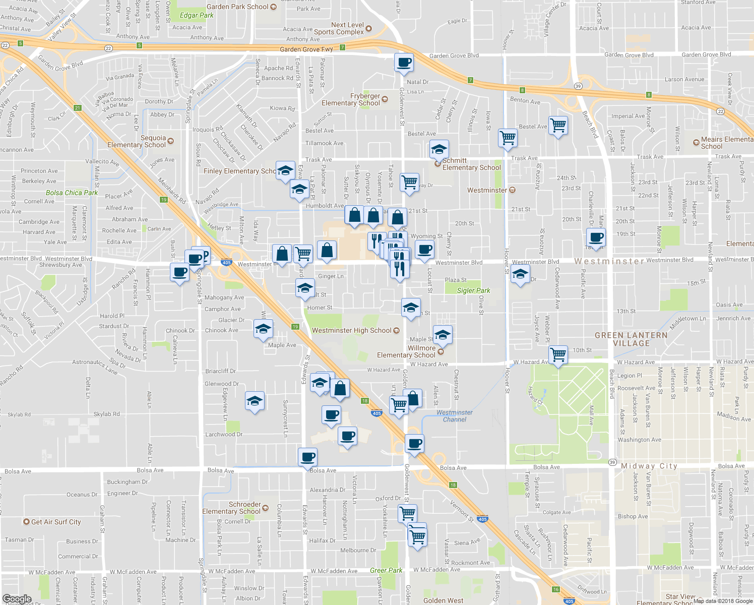 map of restaurants, bars, coffee shops, grocery stores, and more near 14182 Denise Drive in Westminster