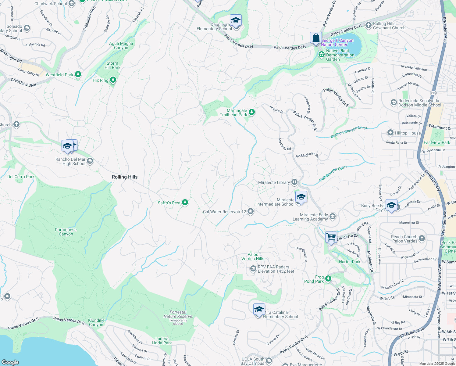 map of restaurants, bars, coffee shops, grocery stores, and more near 4 Bowie Road in Rolling Hills