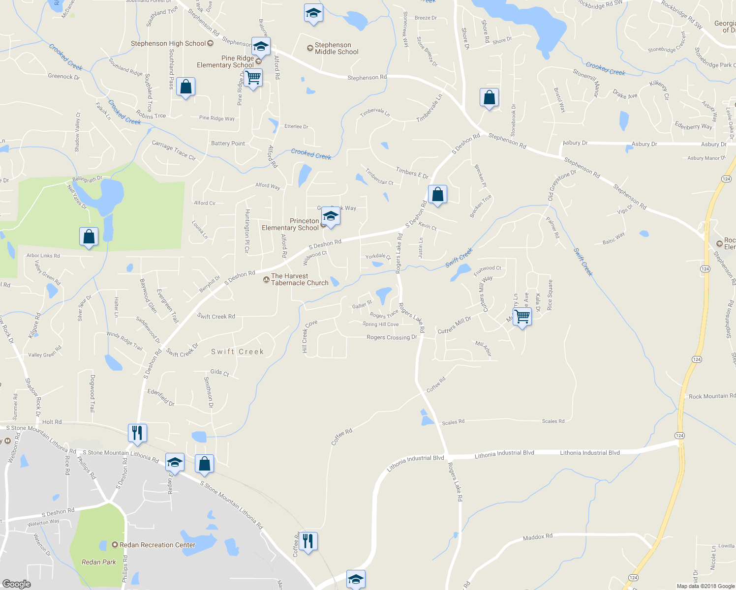 map of restaurants, bars, coffee shops, grocery stores, and more near 6959 Rogers Point in Lithonia