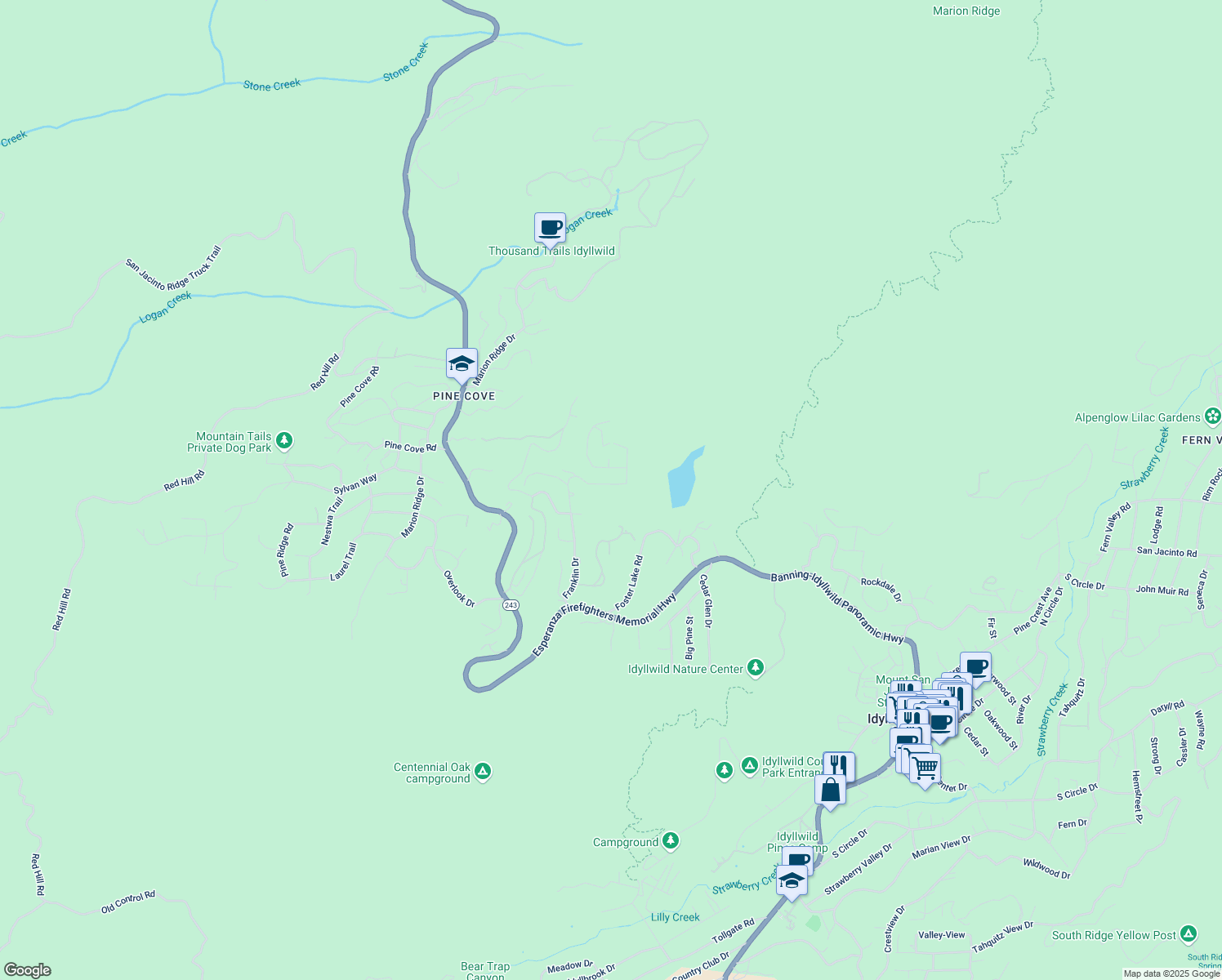 map of restaurants, bars, coffee shops, grocery stores, and more near 53429 Sherman Drive in Idyllwild-Pine Cove