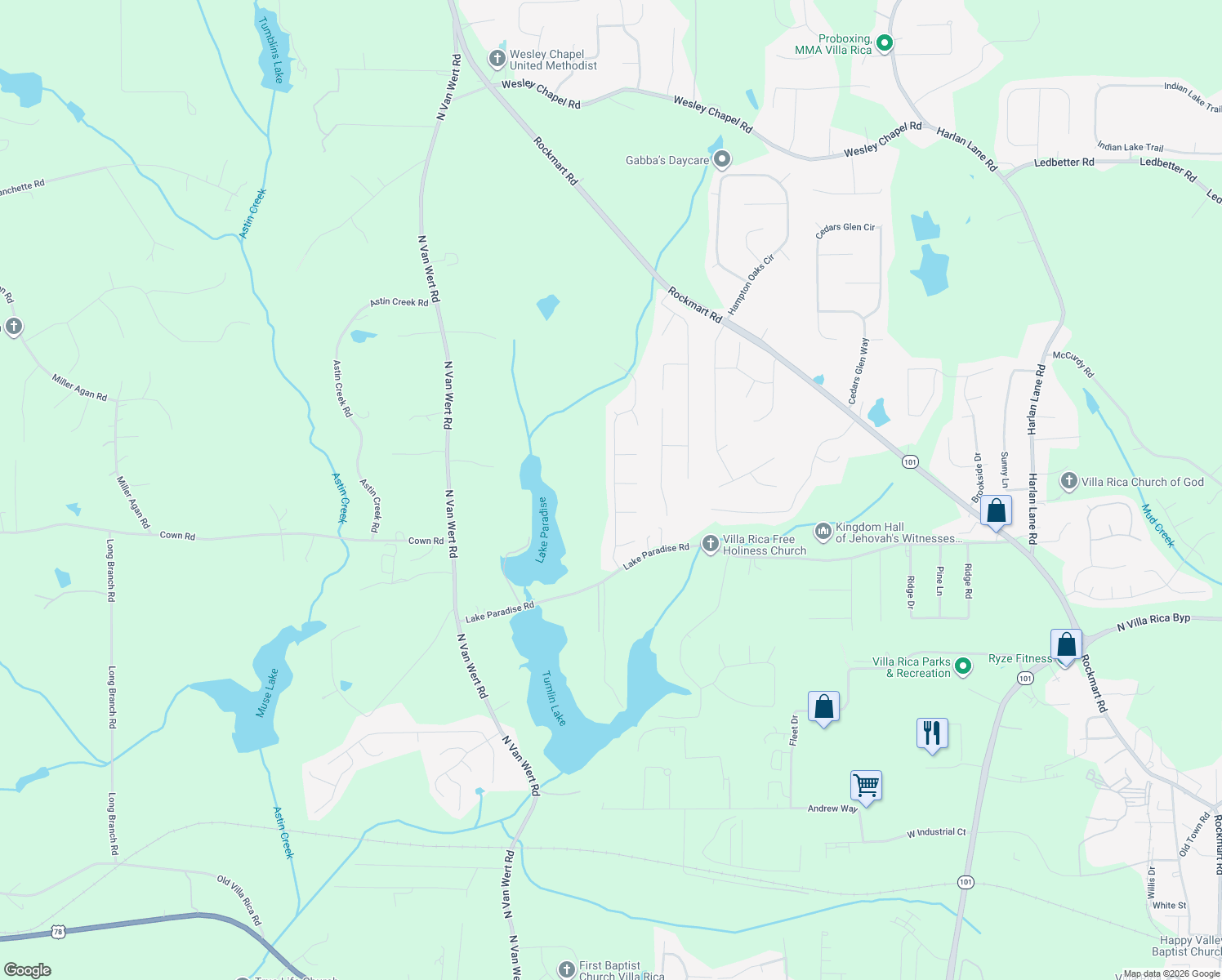map of restaurants, bars, coffee shops, grocery stores, and more near 130 Pine Needle Trail in Villa Rica