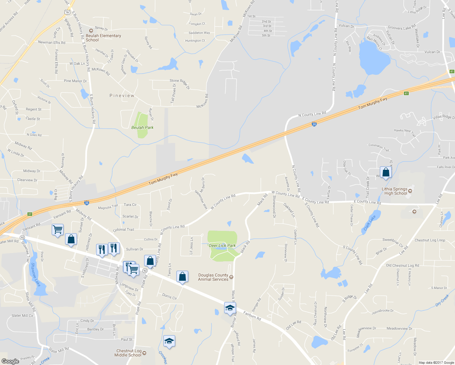 map of restaurants, bars, coffee shops, grocery stores, and more near 3320 West County Line Road in Douglasville