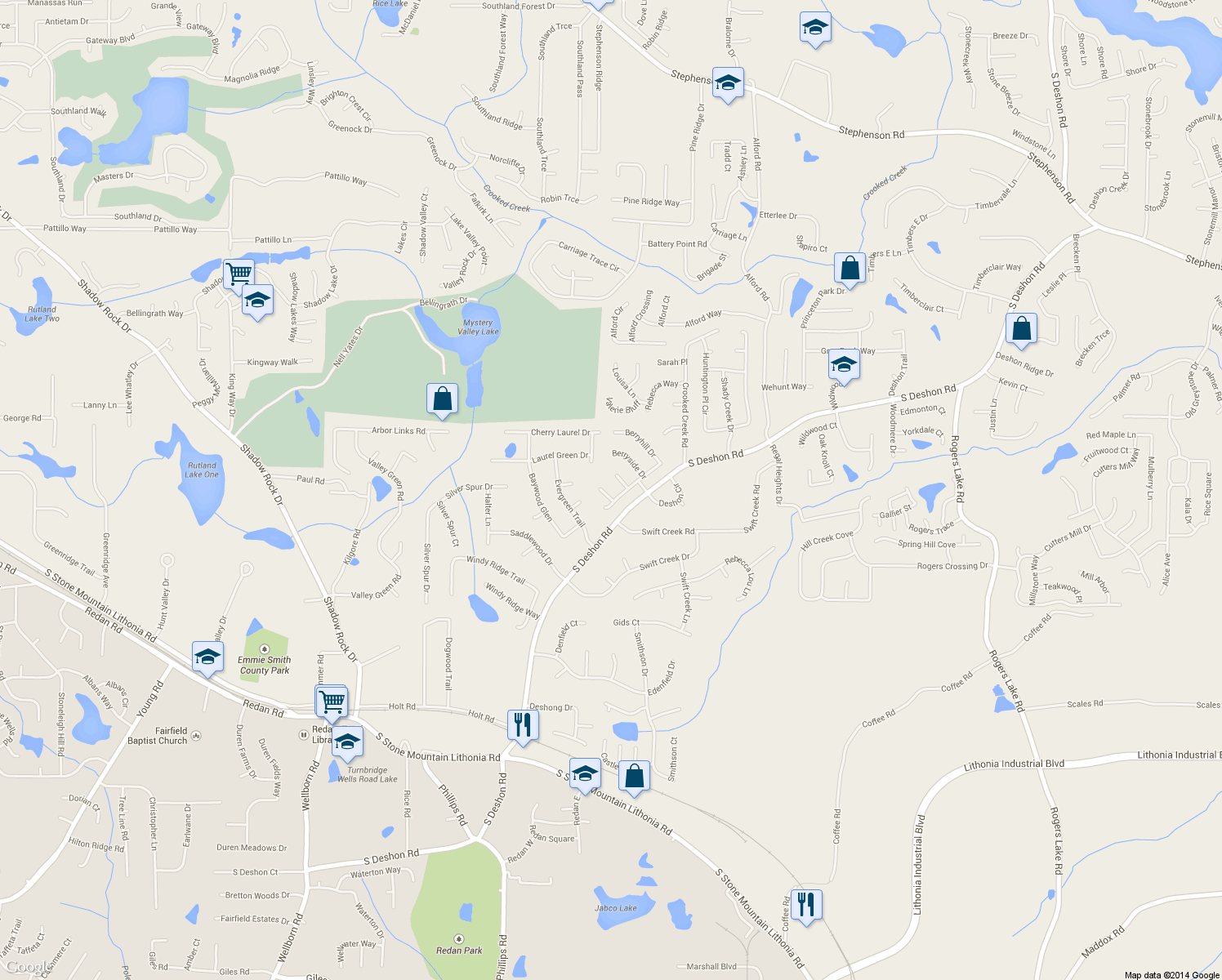 map of restaurants, bars, coffee shops, grocery stores, and more near 6468 Berryvale Drive in Lithonia