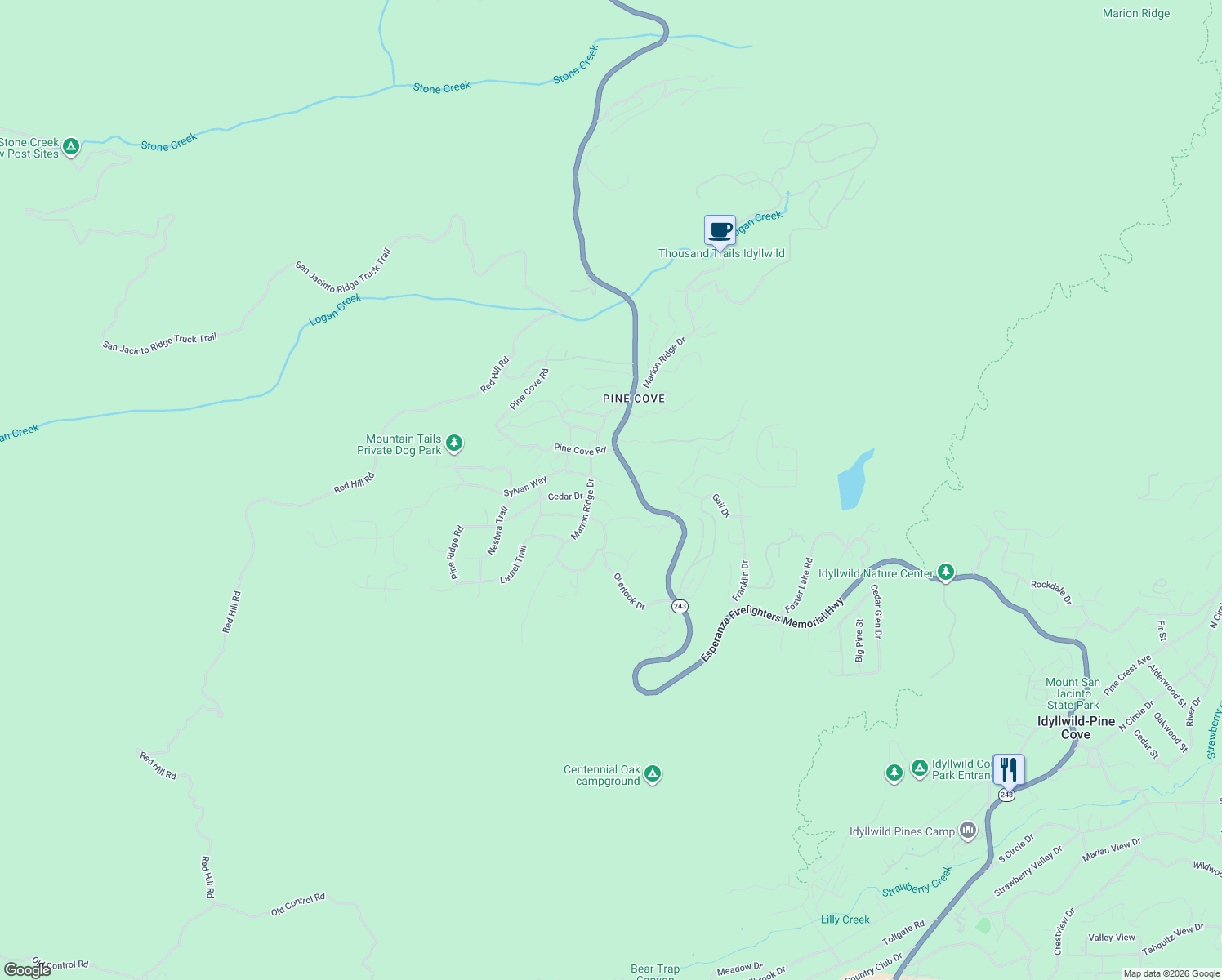 map of restaurants, bars, coffee shops, grocery stores, and more near 52915 Woodland Drive in Idyllwild-Pine Cove