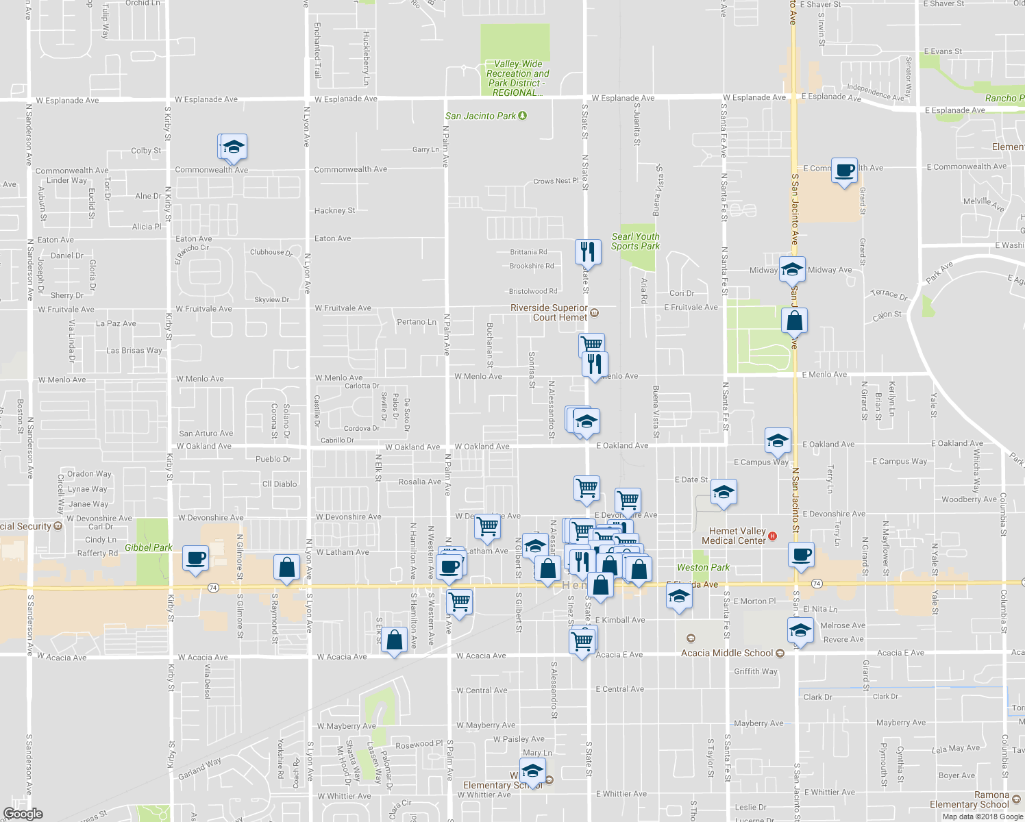 map of restaurants, bars, coffee shops, grocery stores, and more near 601 North Gilbert Street in Hemet