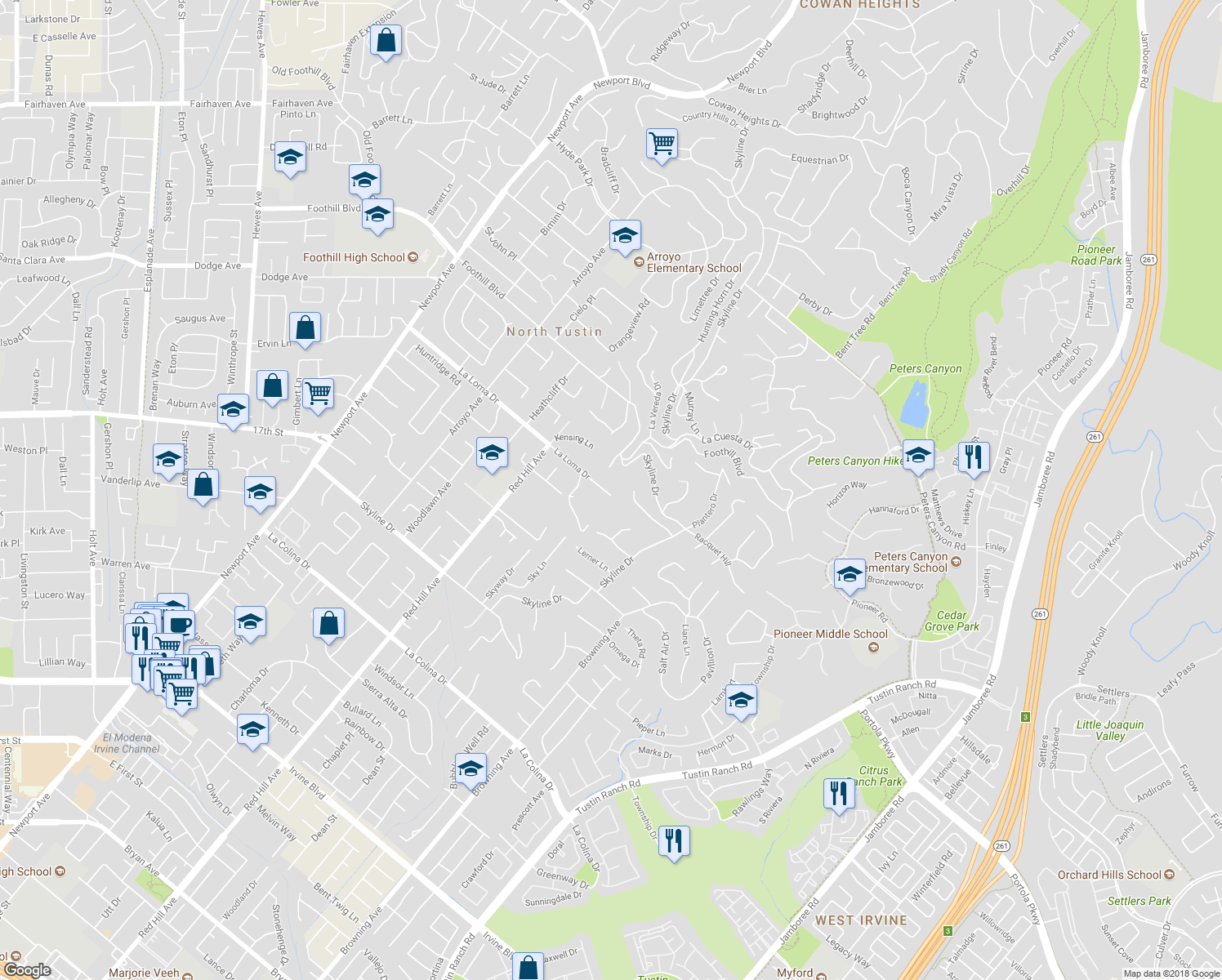 map of restaurants, bars, coffee shops, grocery stores, and more near 1731 La Loma Drive in Santa Ana
