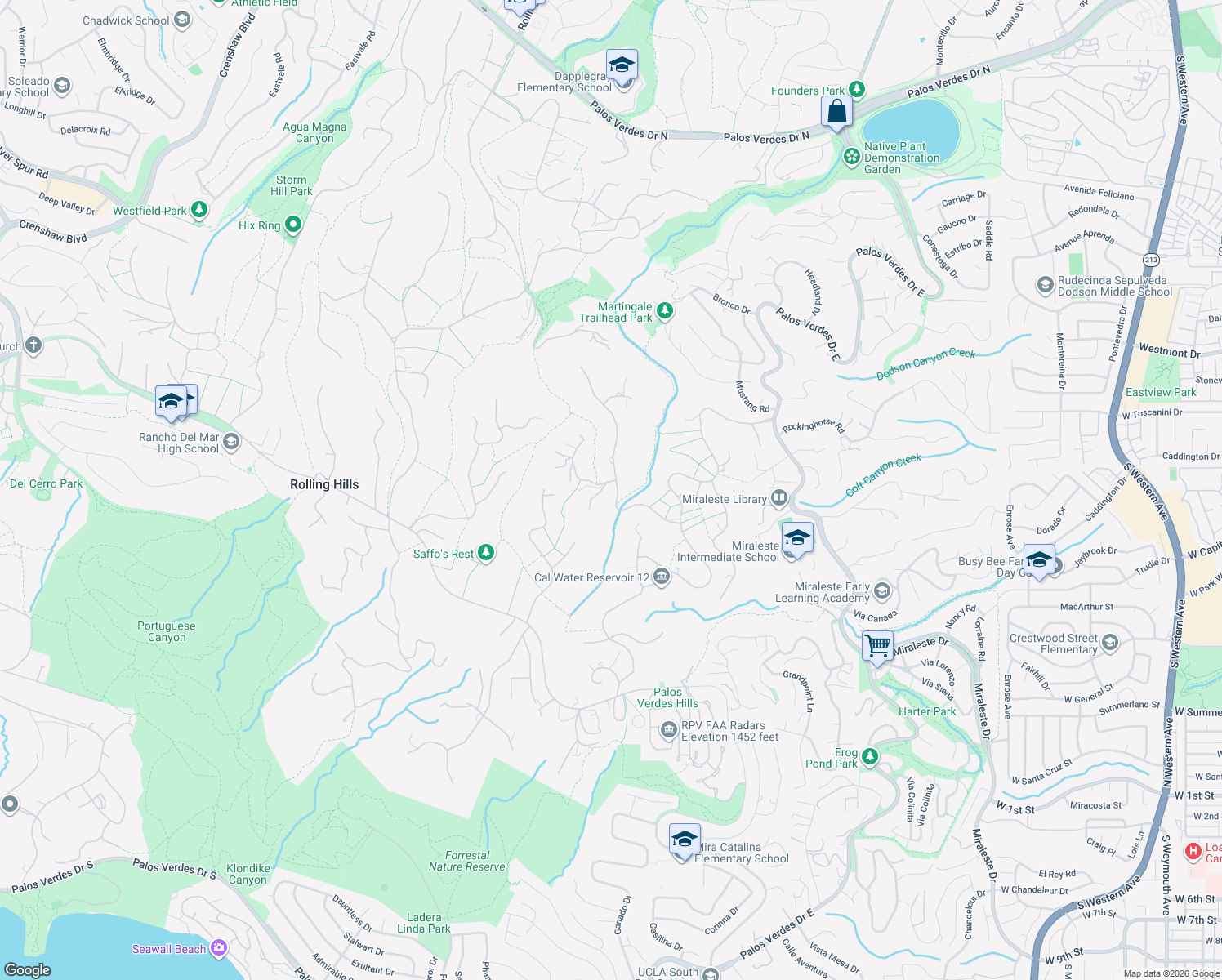 map of restaurants, bars, coffee shops, grocery stores, and more near 4 Bowie Road in Rolling Hills