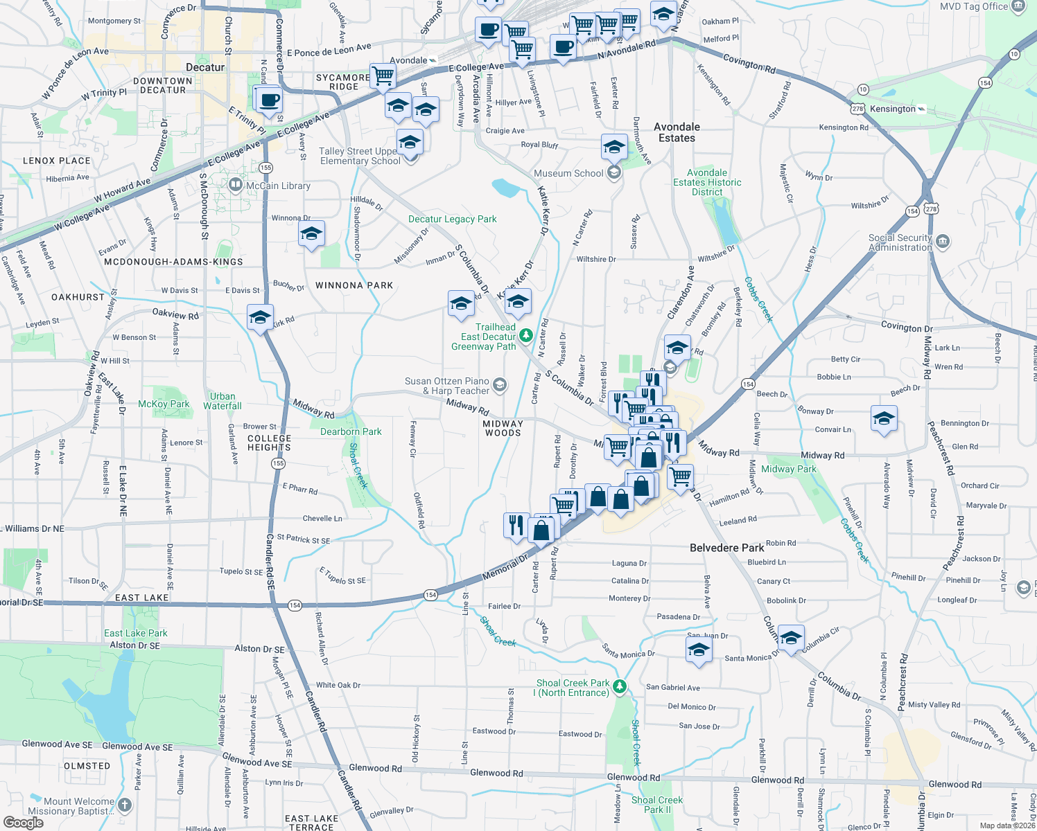 map of restaurants, bars, coffee shops, grocery stores, and more near 2748 Midway Road in Decatur