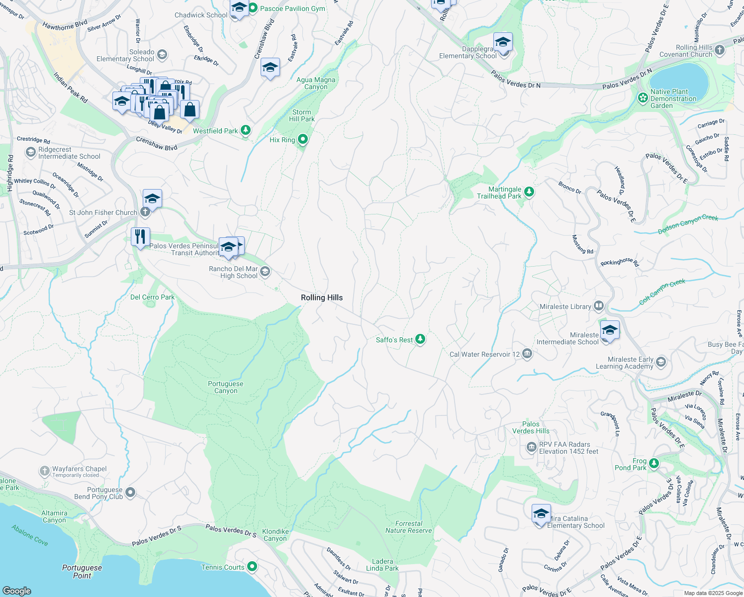 map of restaurants, bars, coffee shops, grocery stores, and more near 33-47 Portuguese Bend Rd in Rolling Hills