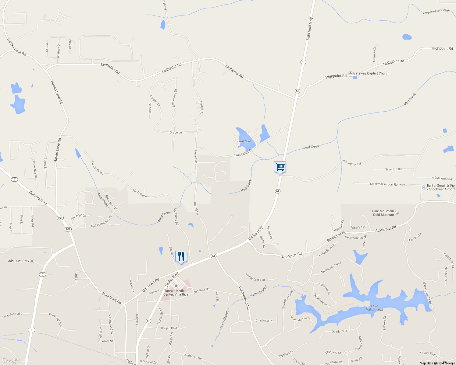 map of restaurants, bars, coffee shops, grocery stores, and more near 280 White Flower Circle in Villa Rica