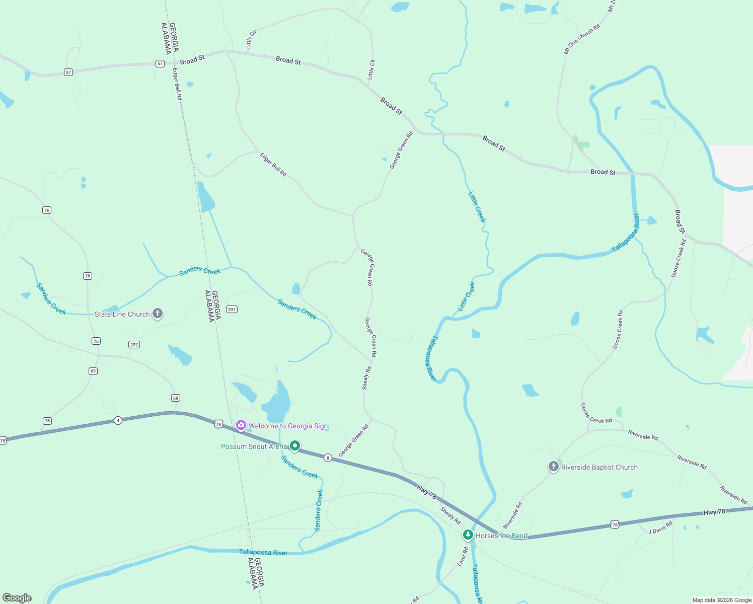 map of restaurants, bars, coffee shops, grocery stores, and more near 650 George Green Road in Tallapoosa