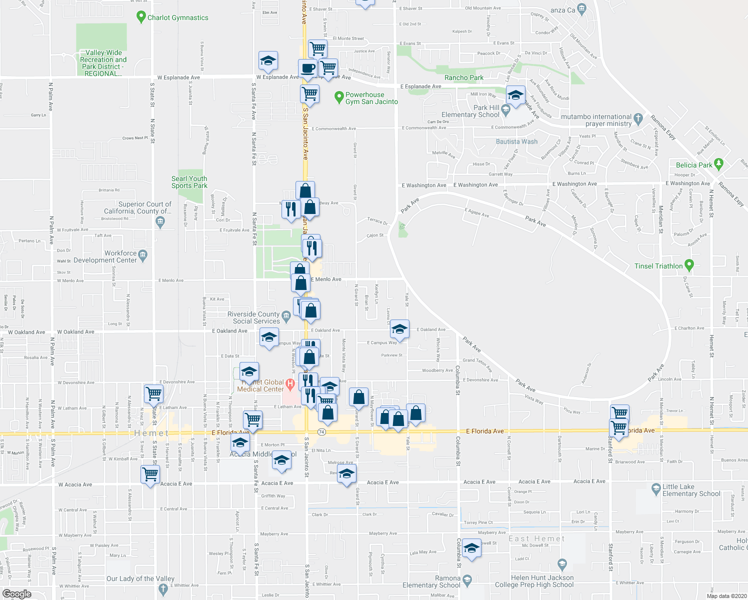 map of restaurants, bars, coffee shops, grocery stores, and more near 615 Kerilyn Lane in Hemet