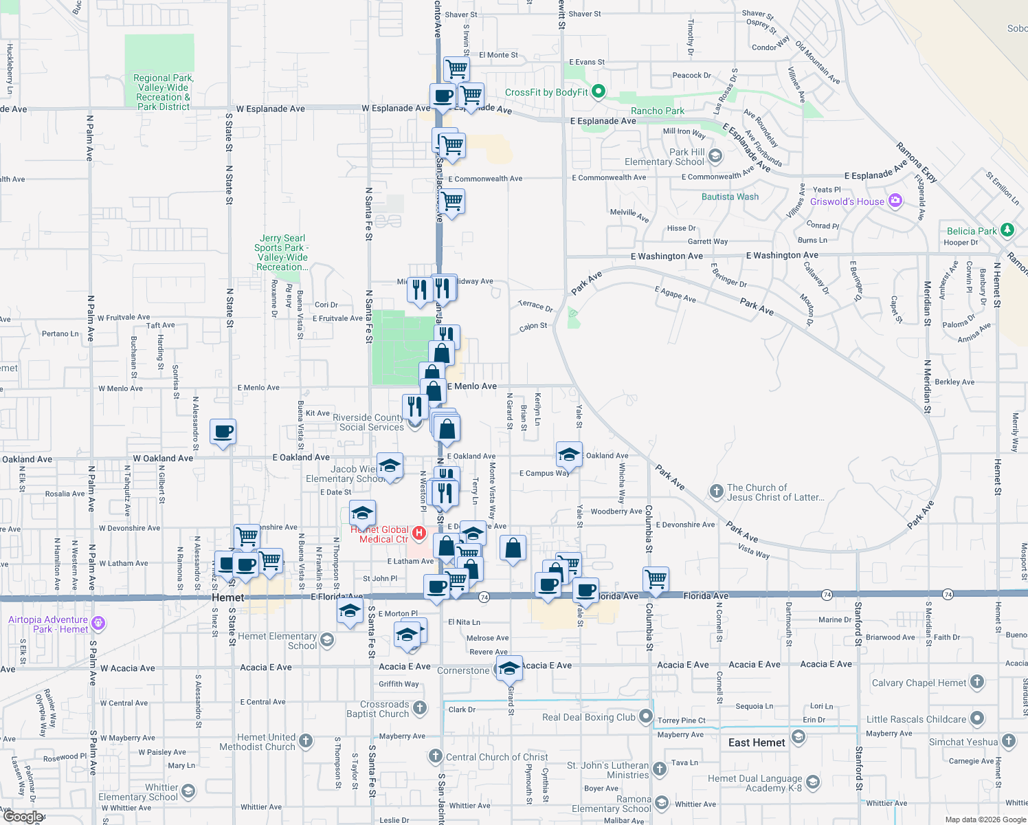 map of restaurants, bars, coffee shops, grocery stores, and more near 638 North Girard Street in Hemet