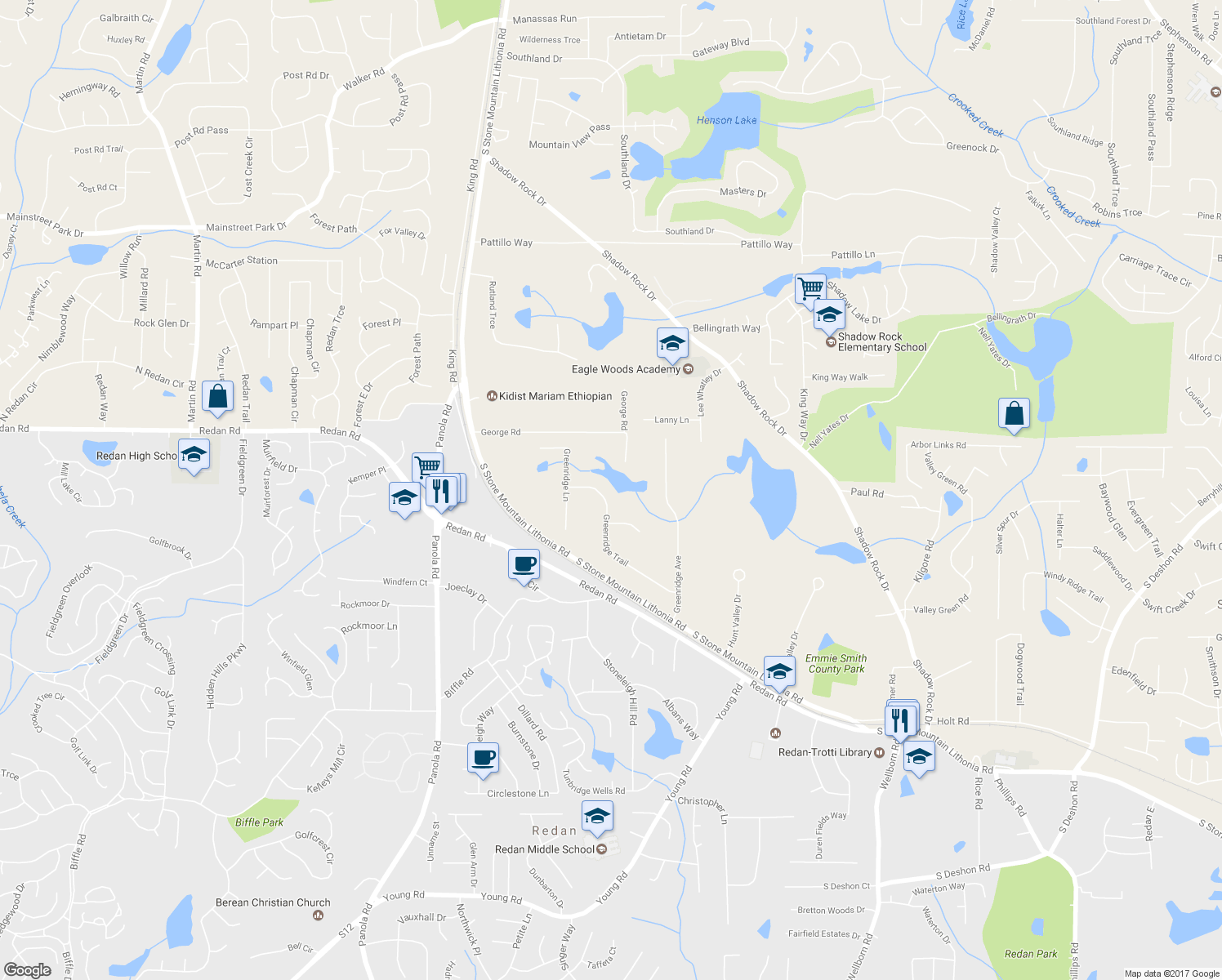 map of restaurants, bars, coffee shops, grocery stores, and more near 1312 Greenridge Trail in Lithonia