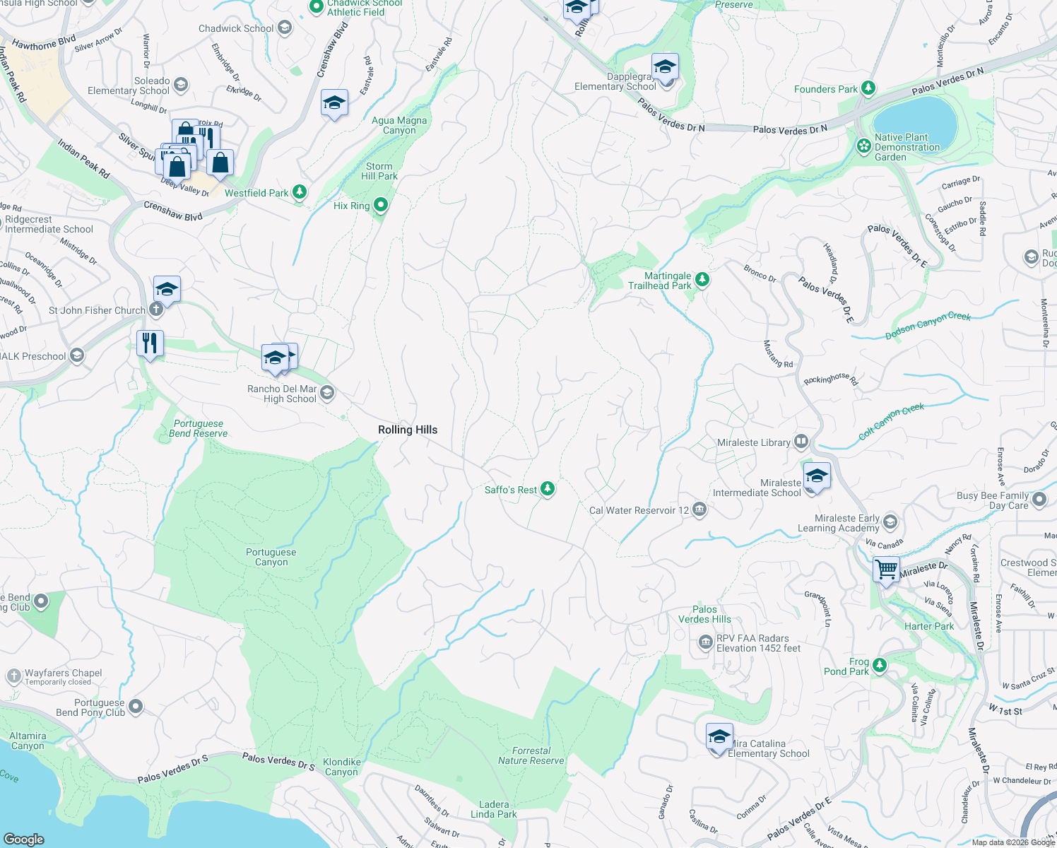 map of restaurants, bars, coffee shops, grocery stores, and more near 10 Georgeff Road in Rolling Hills