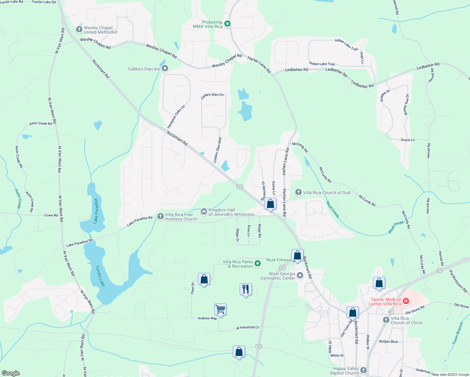 map of restaurants, bars, coffee shops, grocery stores, and more near 1420 Rockmart Rd in Villa Rica