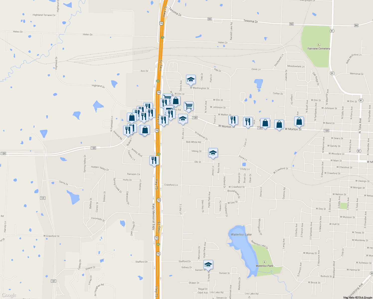map of restaurants, bars, coffee shops, grocery stores, and more near 101 North Lynn Avenue in Denison