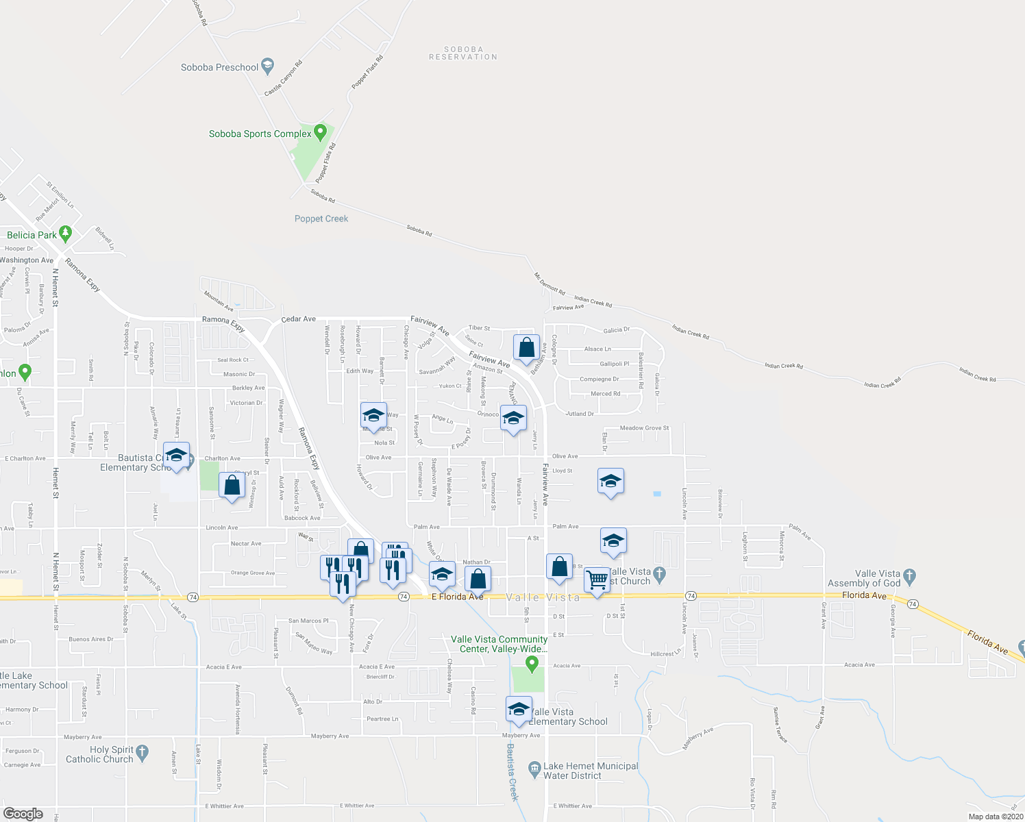 map of restaurants, bars, coffee shops, grocery stores, and more near 25085 PENANG Drive in Hemet